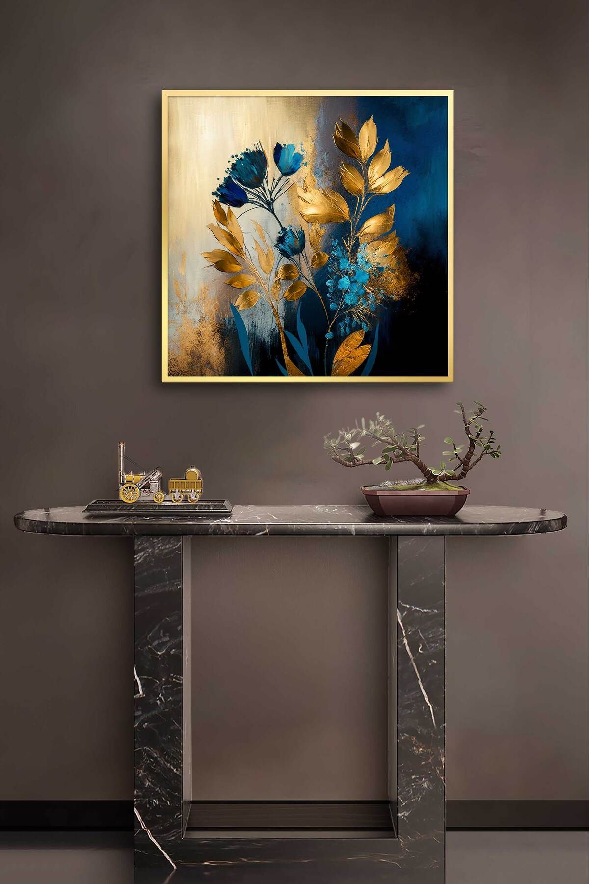 Voovart Bronz Metal Çerçeveli Mavi Çiçekler Duvar Tablosu - ART1059