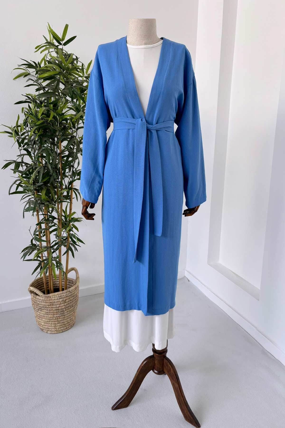 Ka Hijab Uzun Kuşaklı Keten Kimono - Mavi