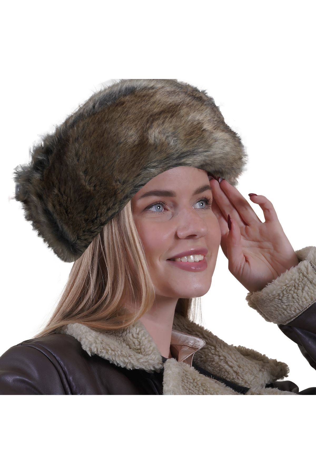 Exve Exclusive Kahverengi İçi Kahve Vizon Gri Geçişli İçi Tam Kürklü Kışlık Sıcak Tutan PU Deri Kadın Börk Şapka