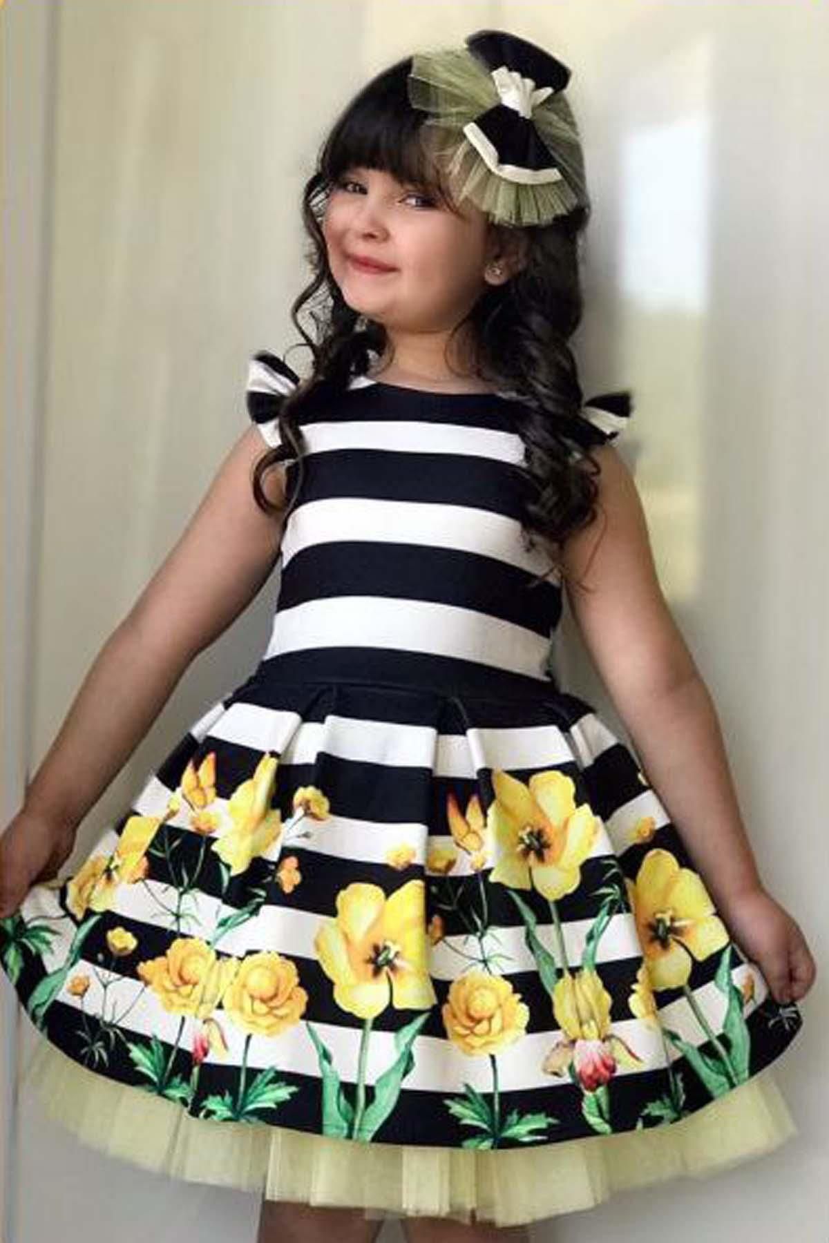 Riccotarz Kız Çocuk Omuzu Fırfırlı Sıfır Kol Eteği Şerit ve Çiçek Detaylı Tüllü Elbise