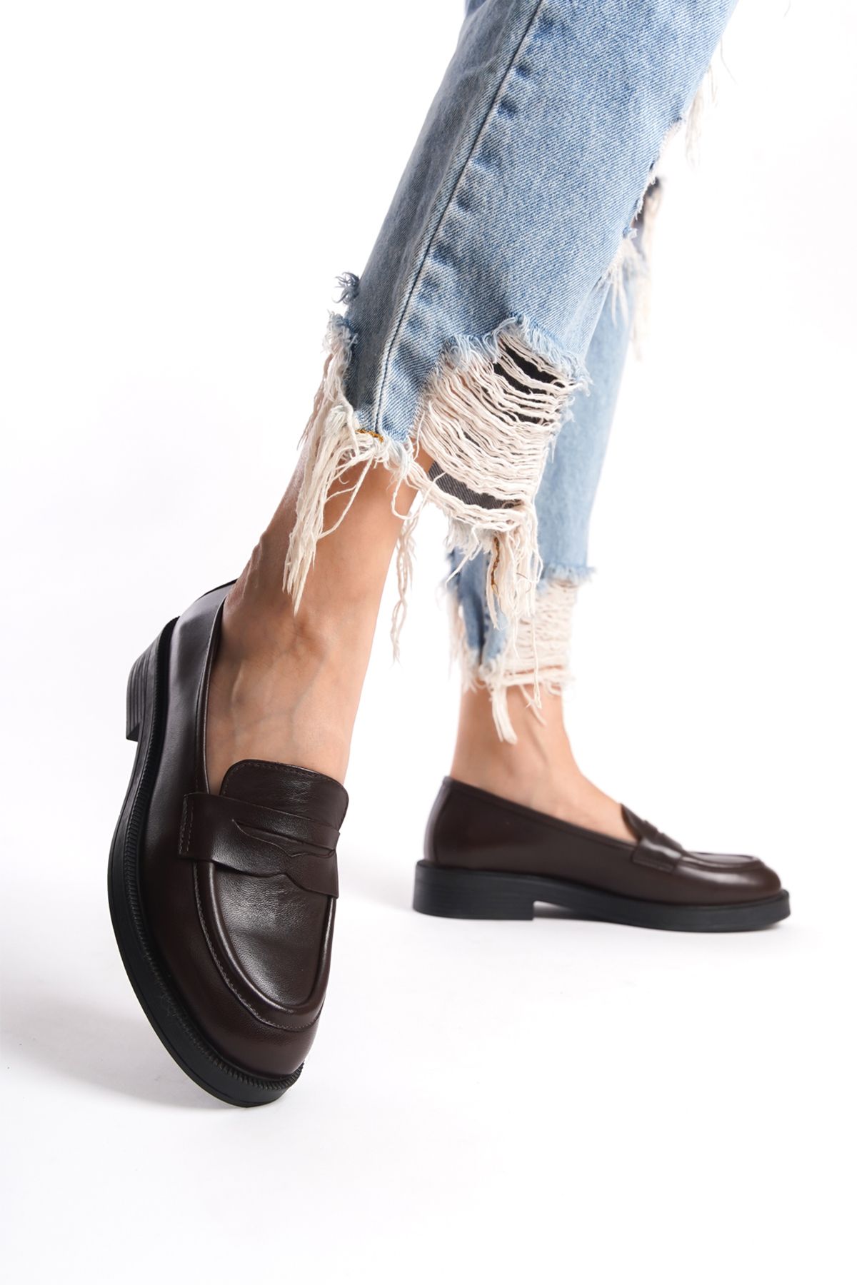 GRADA Hakiki Deri Kadın Kahverengi Ayakkabı Loafer İçi Dışı Gerçek Deri Kahve Vintage Makosen Ayakkabısı
