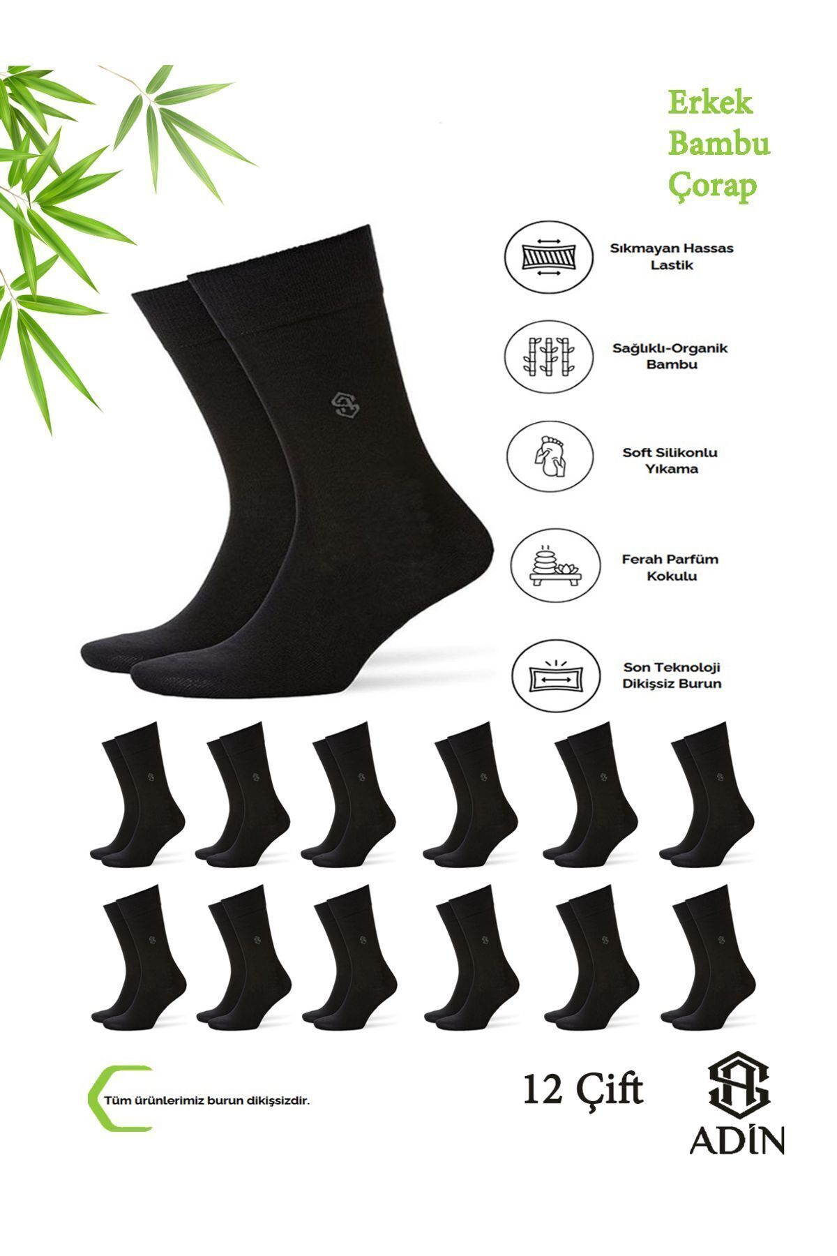 Adin Bambu Erkek Soket Çorap Dikişsiz Siyah 12’li (ALTIN SERİSİ)