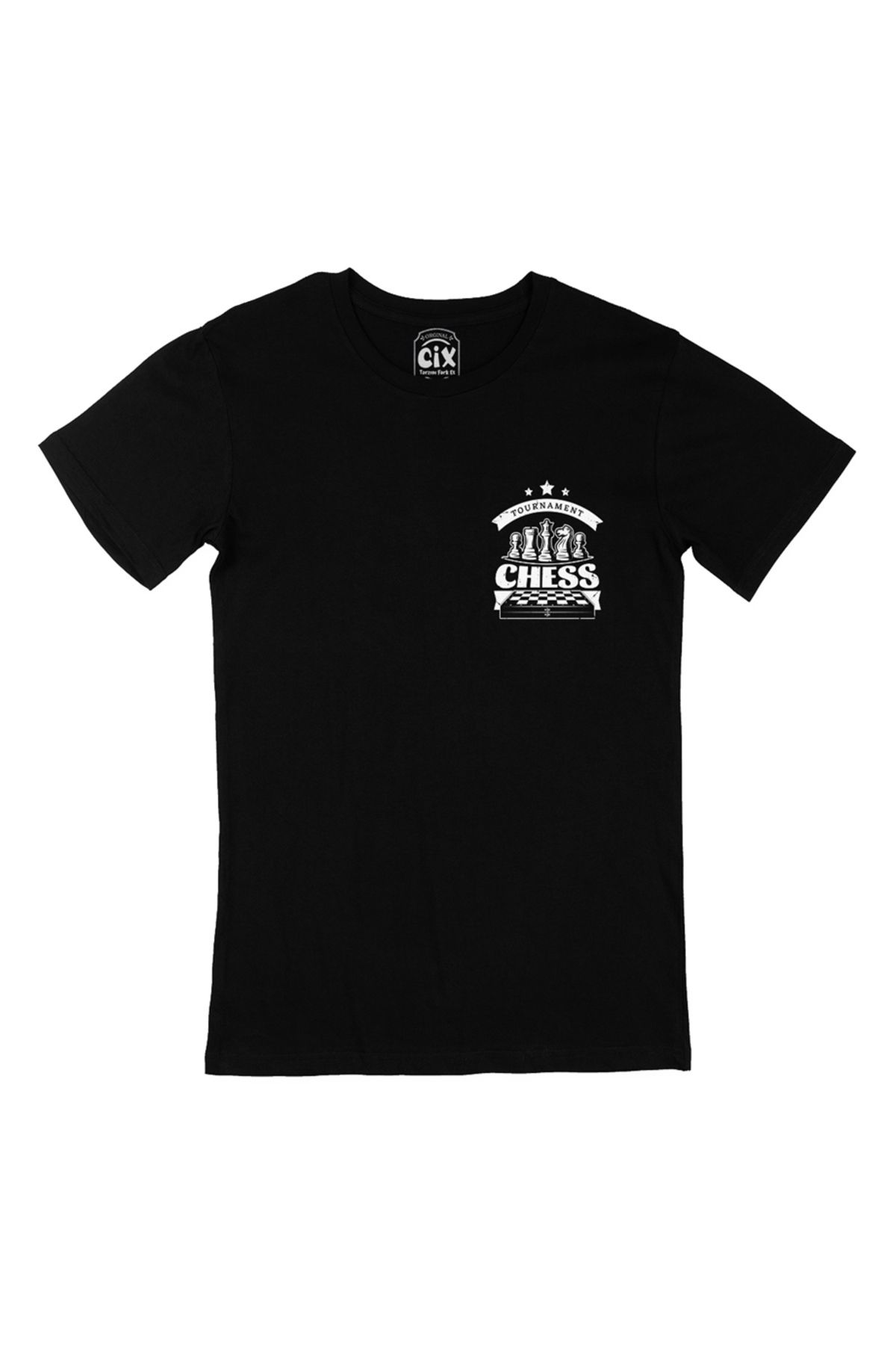 Cix Satranç Turnuvası Cep Logo Tasarımlı Siyah Tişört