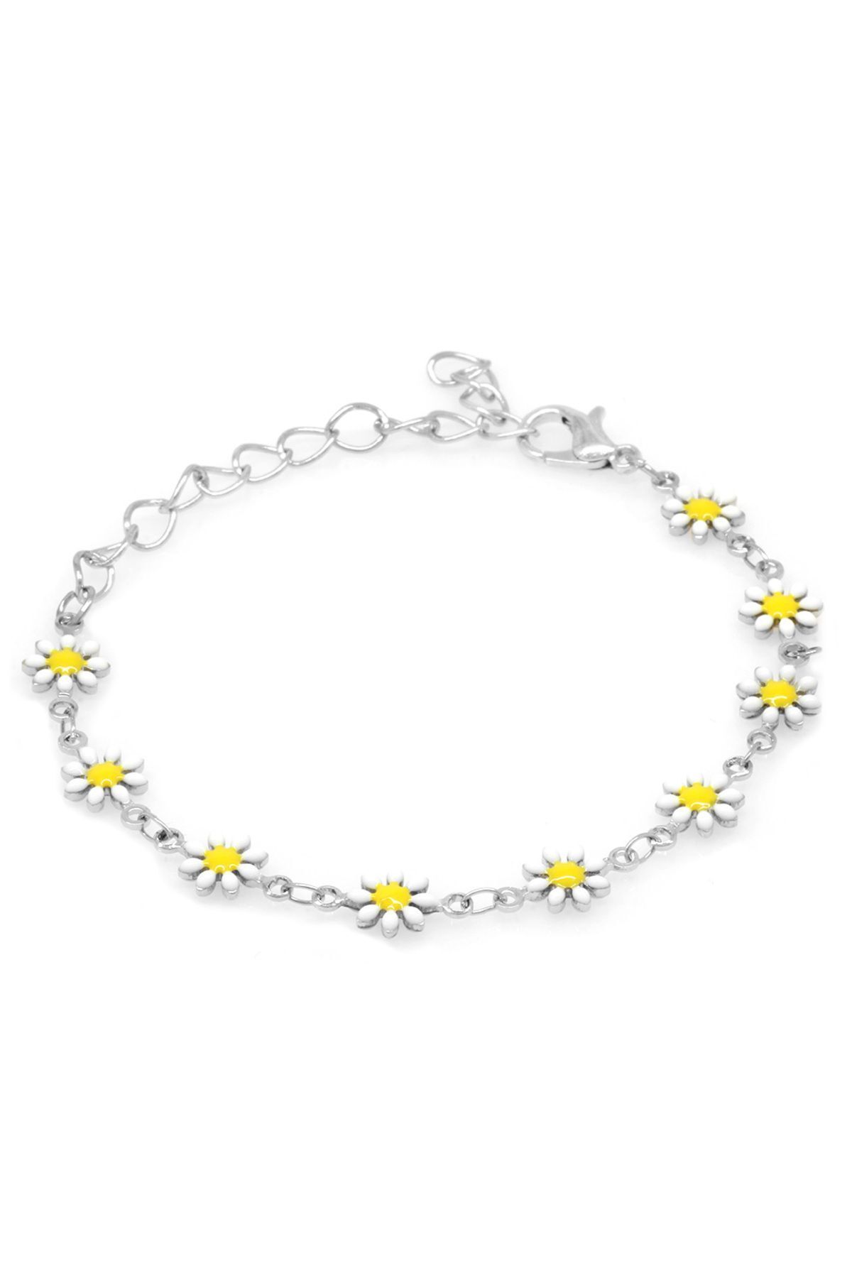 Tesbihane Silver Renk Metal Zincirli Sarı-Beyaz Mineli Kır Çiçeği Detaylı Kadın Bileklik