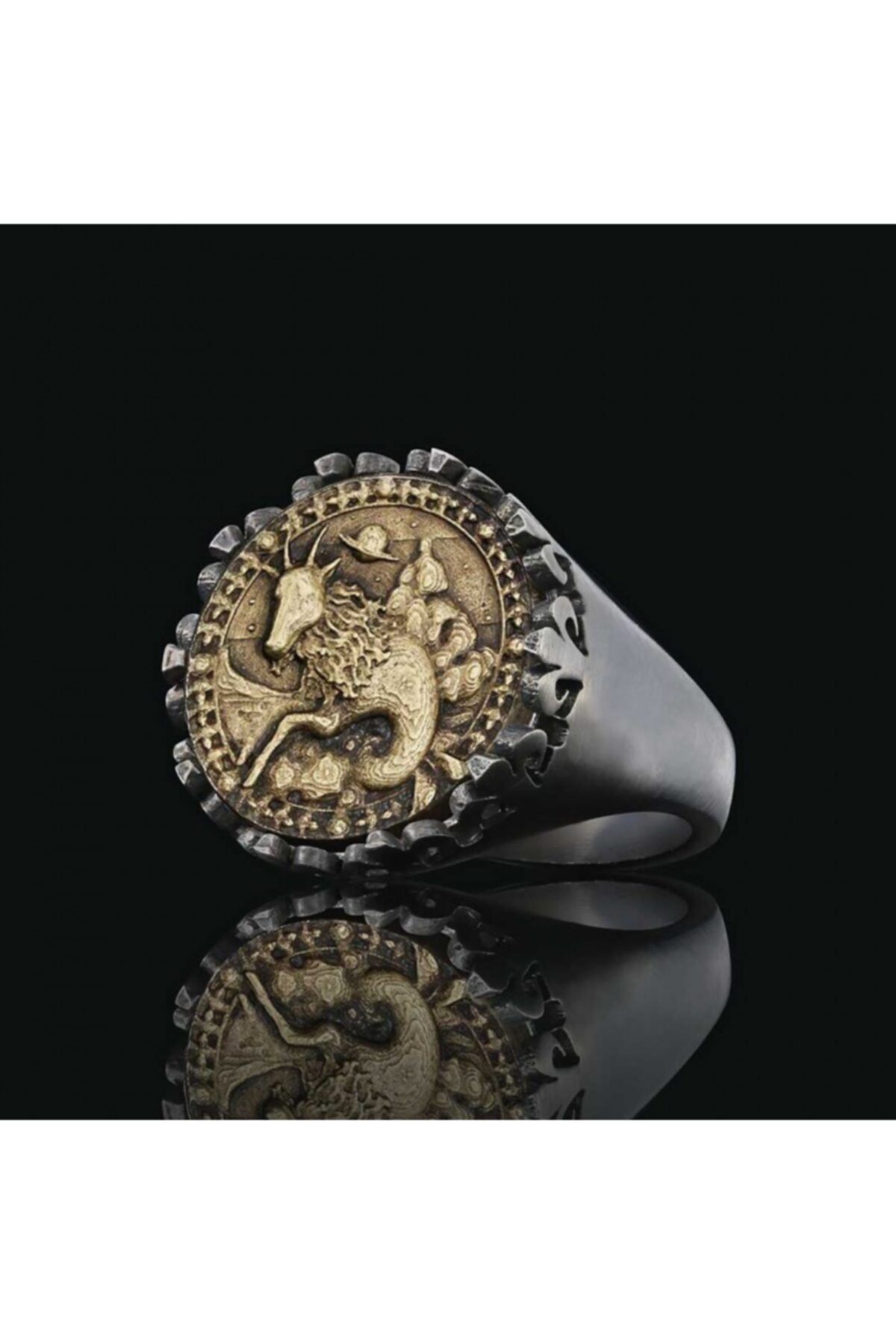 ELMAS İŞ Oğlak Burcu Özel Tasarım 925 Ayar Gümüş Üzeri Siyah Rodyum Kaplama Koleksiyon Yüzük