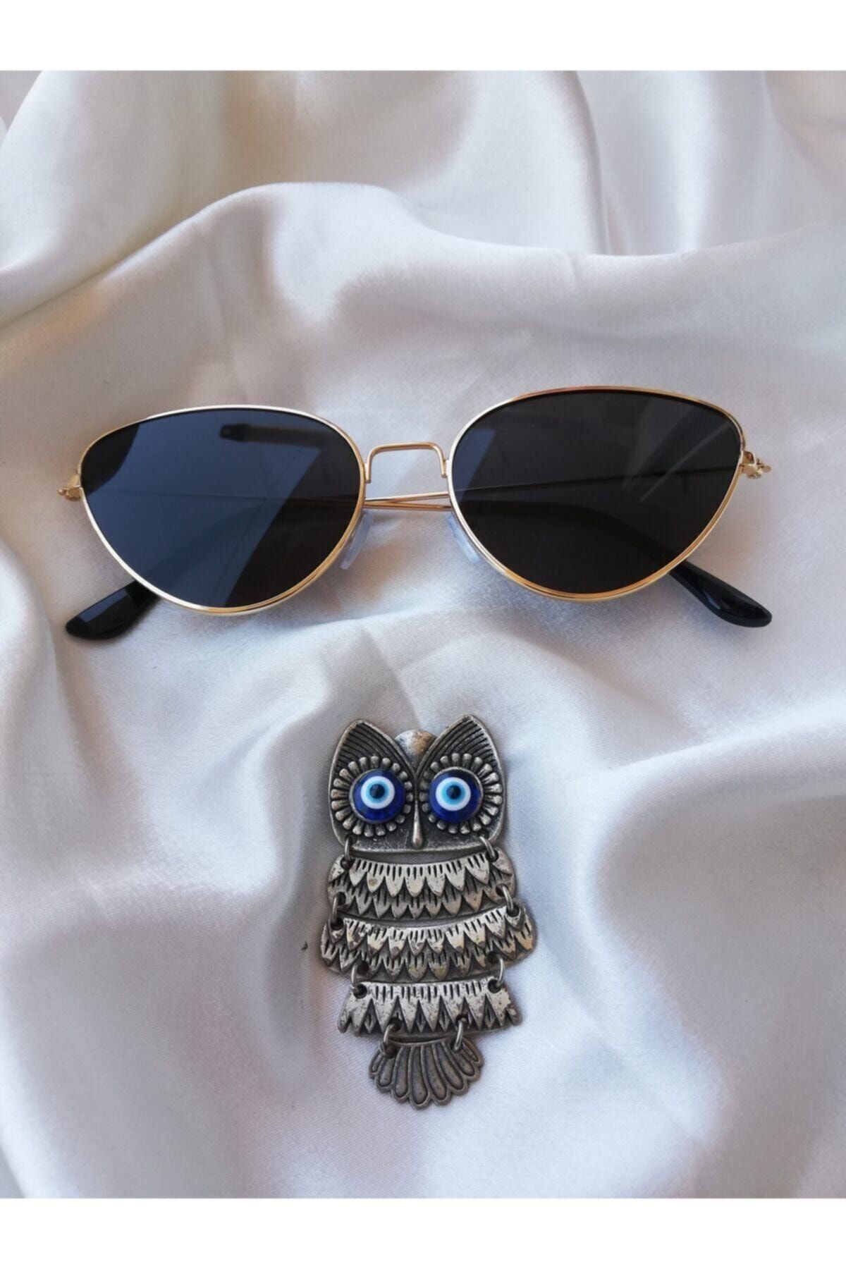 ONNObutik Kadın Siyah Lens Gold Çerçeve Cat Eye Güneş Gözlüğü