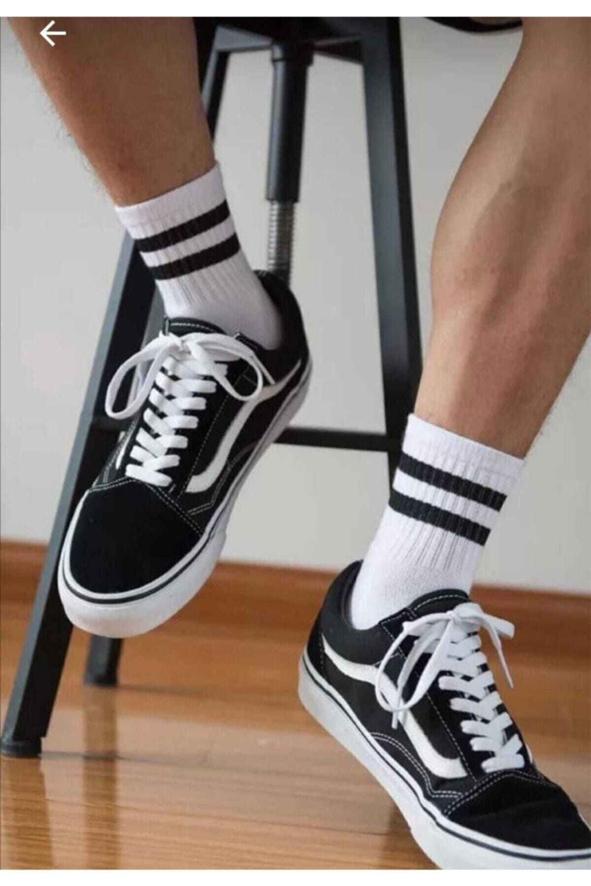 İkonik Socks Unisex 3'lü Beyaz Çizgili Kolej Çorabı