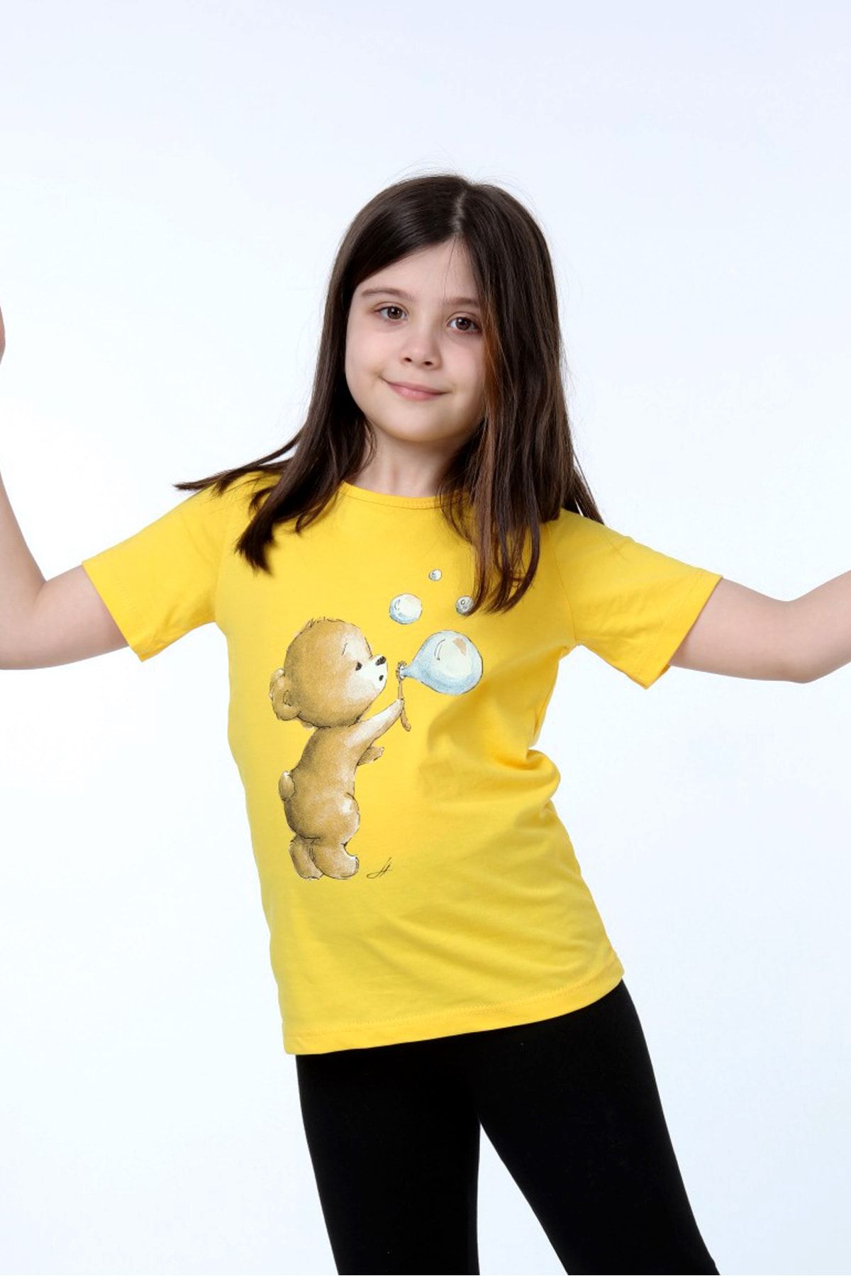 Stiloda Kız Çocuk Sarı Ayıcık Baskılı Kısa Kollu Tişört