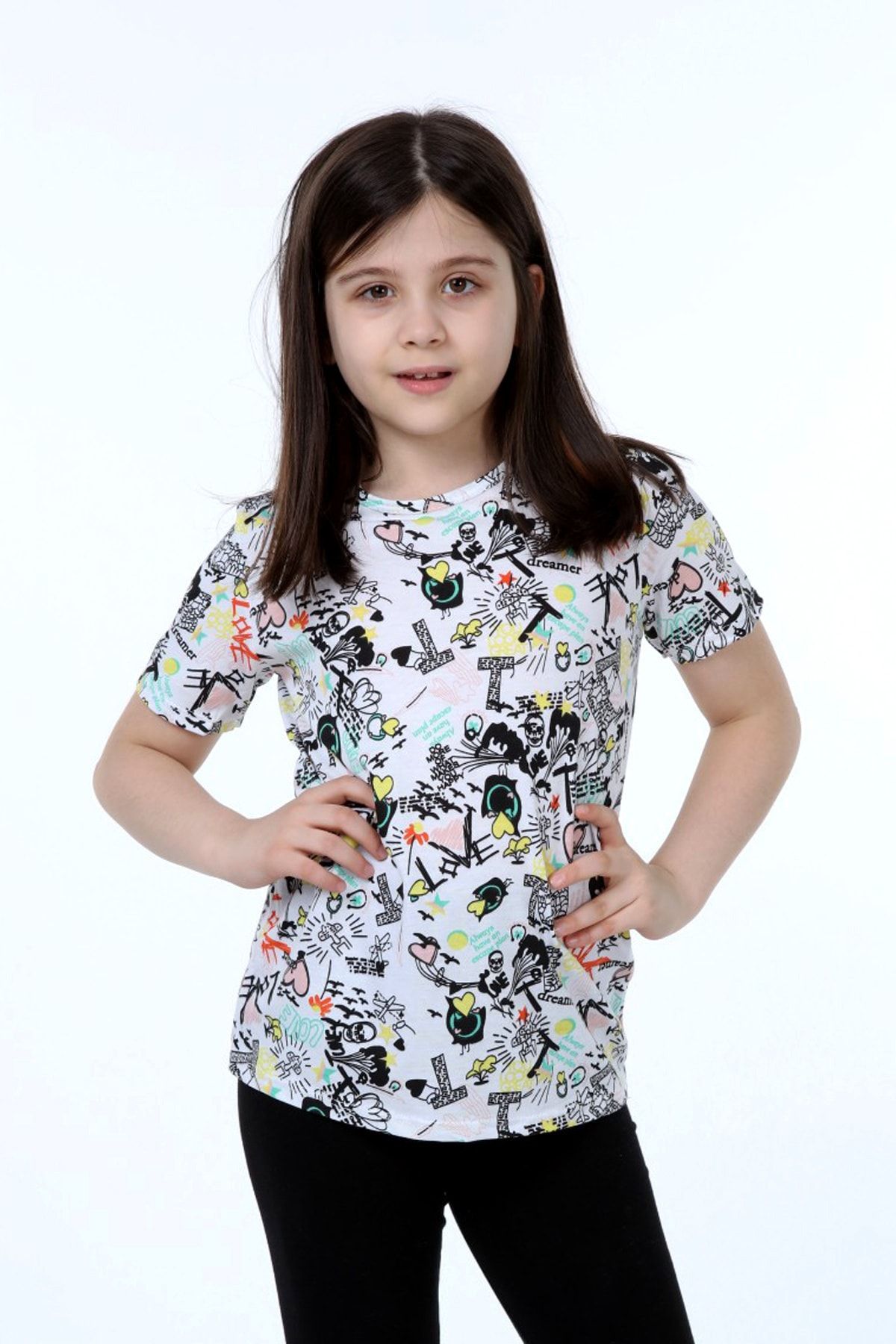 Stiloda Jace Kız Çocuk Beyaz/siyah Kalp Baskılı Kısa Kollu Tişört