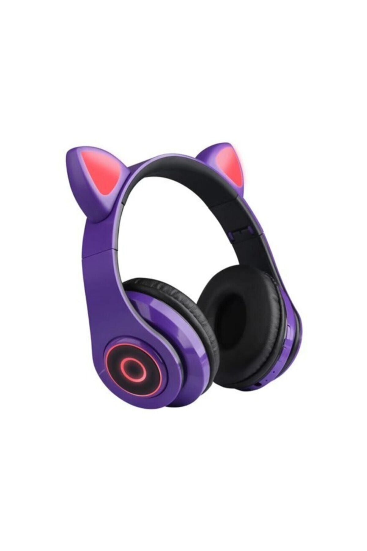 BLUPPLE B39 Kedili Katlanabilir Kulak Üstü Kablosuz Bluetooth 5.0 Kulaklık Led Işıklı Kız Kadın Mor