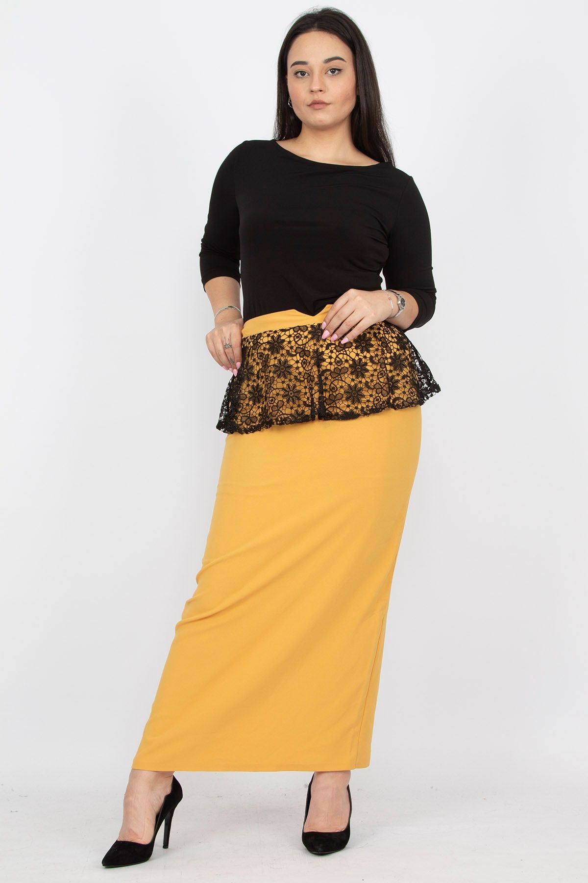 Şans Tekstil Kadın Sarı Dantel Detaylı Uzun Etek 26a12799