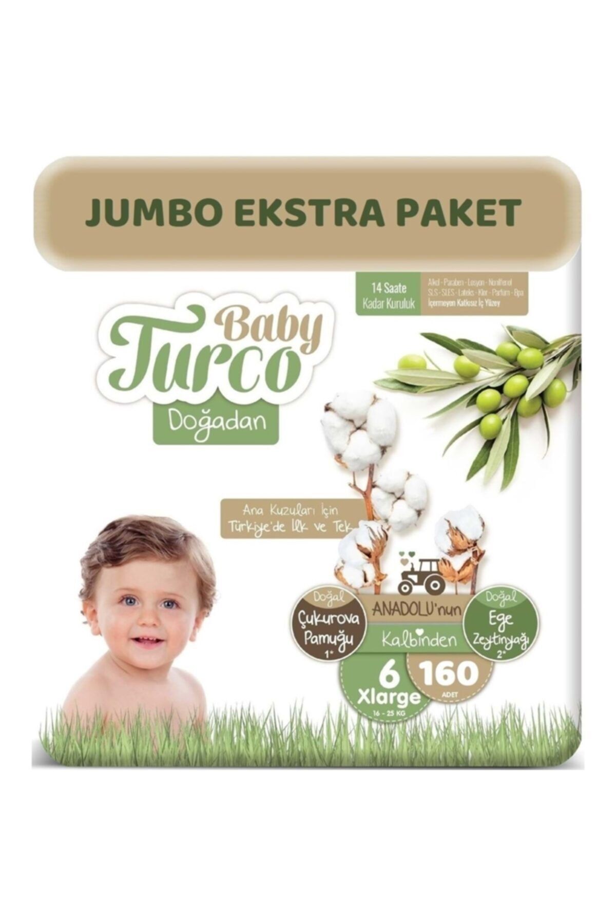Baby Turco Doğadan Bebek Bezi 6 Beden 16-25 kg 160 Adet + 10 ml Pişik Kremi