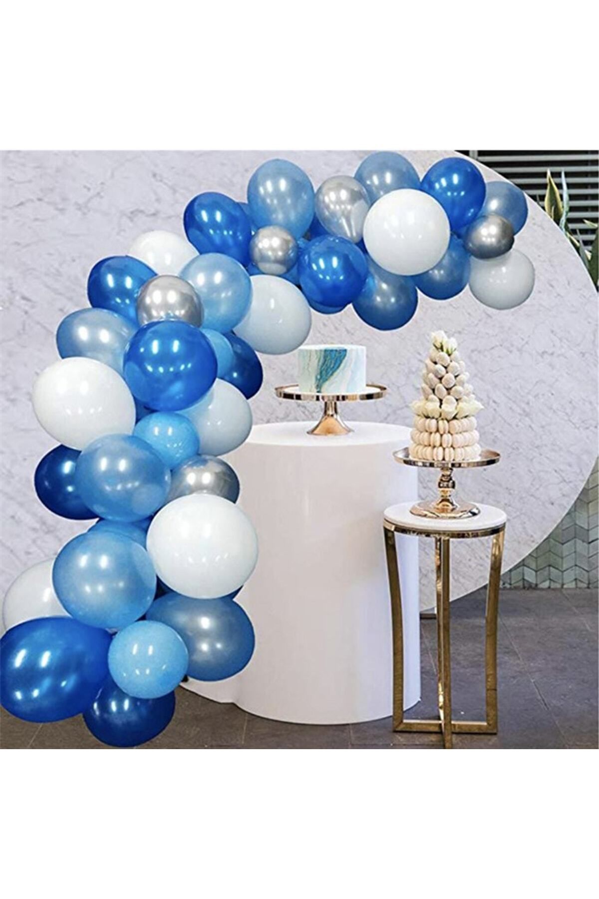 BalonEvi Mavi Beyaz Lacivert Gümüş Metalik Balon Ve Balon Zinciri Dekorasyon Seti