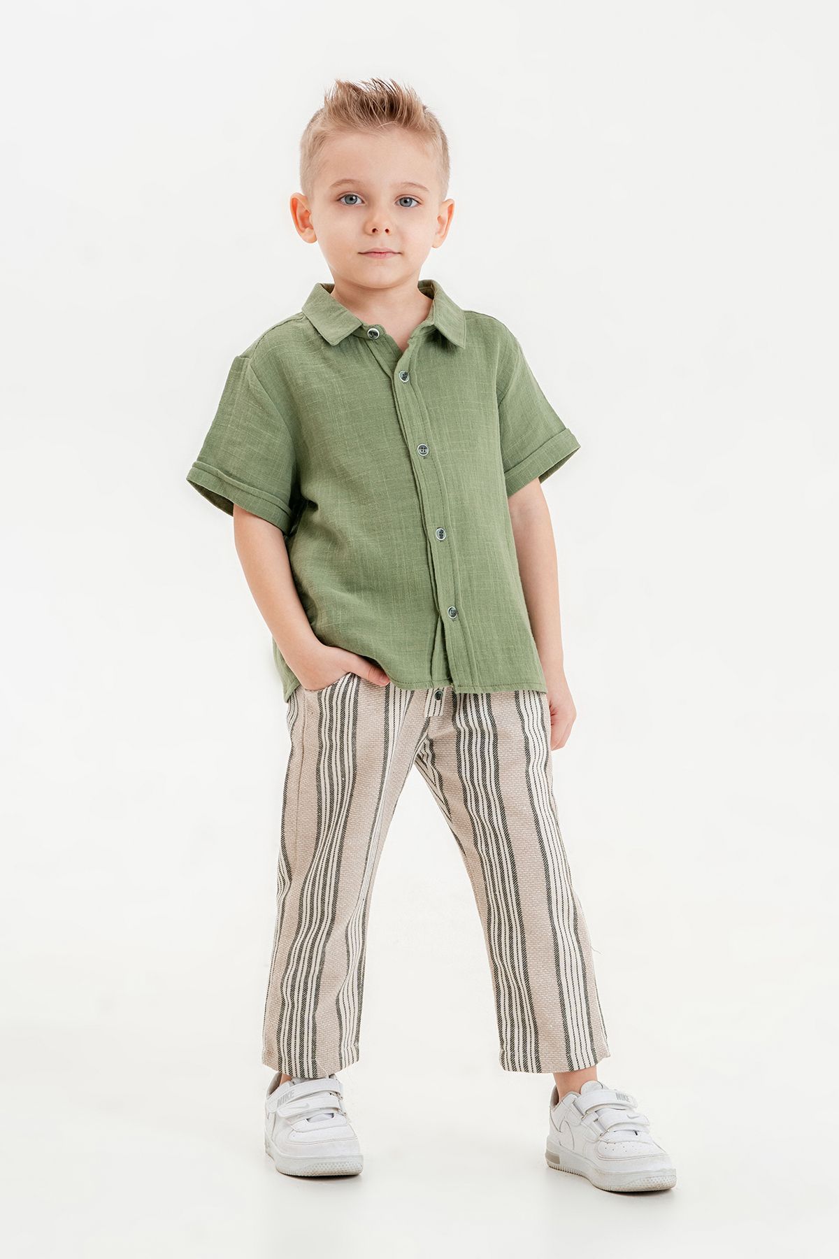 Tuffy Kids Erkek Çocuk Yazlık Müslin Gömlekli Keten Pantolonlu Basic Ikili Takım 2-5 Yaş
