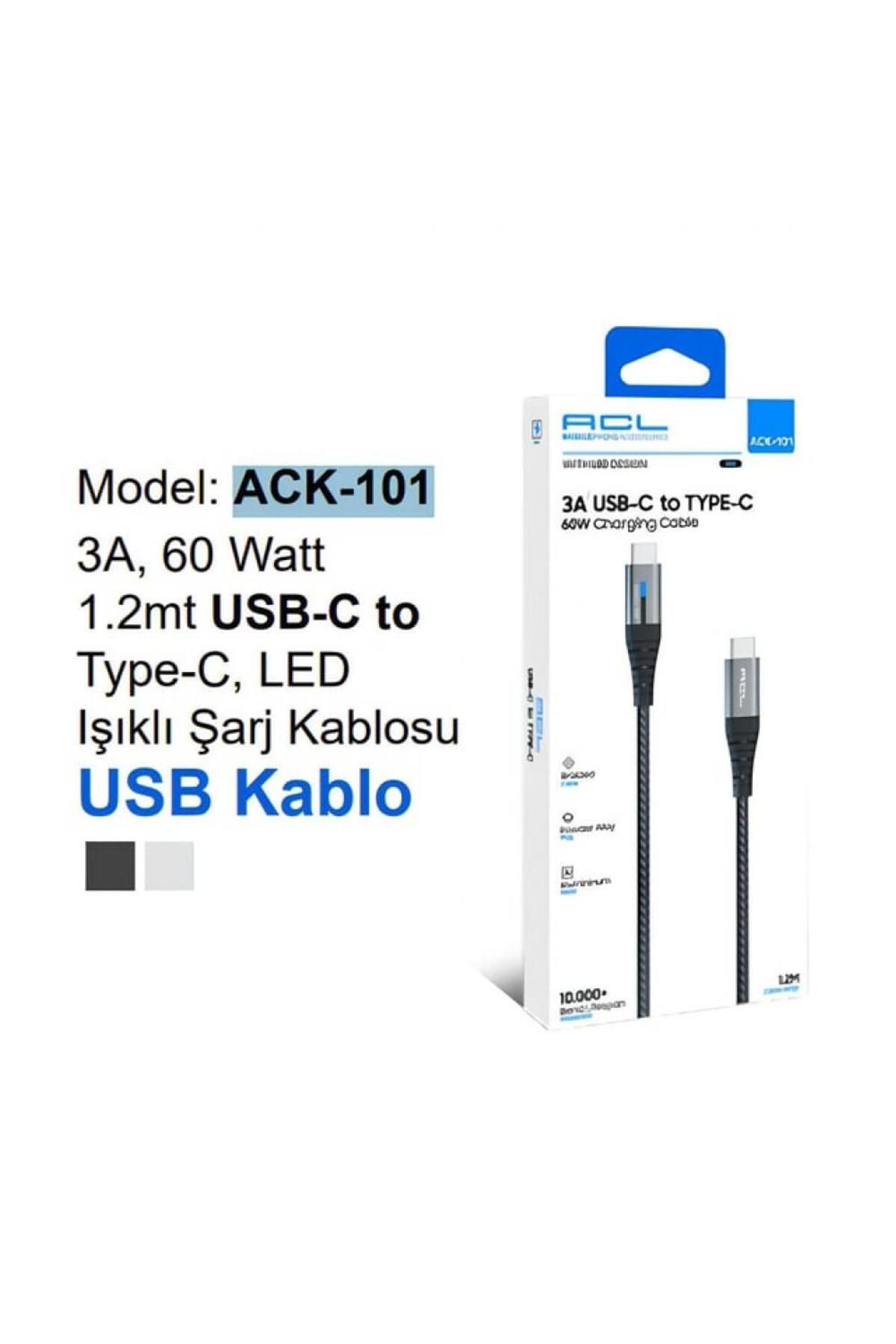 ACL Ack-101 3A, 60 Watt 1.2mt Usb-C to Type-C Led Işıklı Şarj Kablosu Usb Kablo