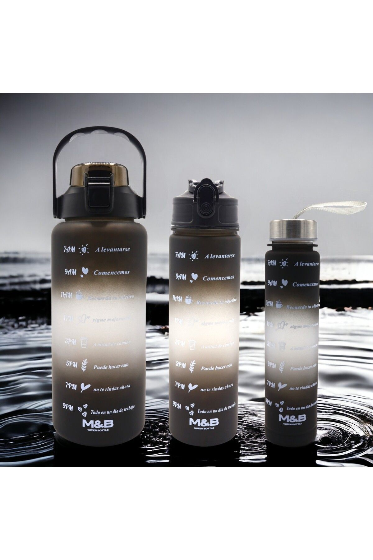M&B WATER BOTTLE 3lü Motivasyonel Set, Bpa Içermez Motivasyonel Su Matarası Siyah Su Matarası,su Şişesi,suluk