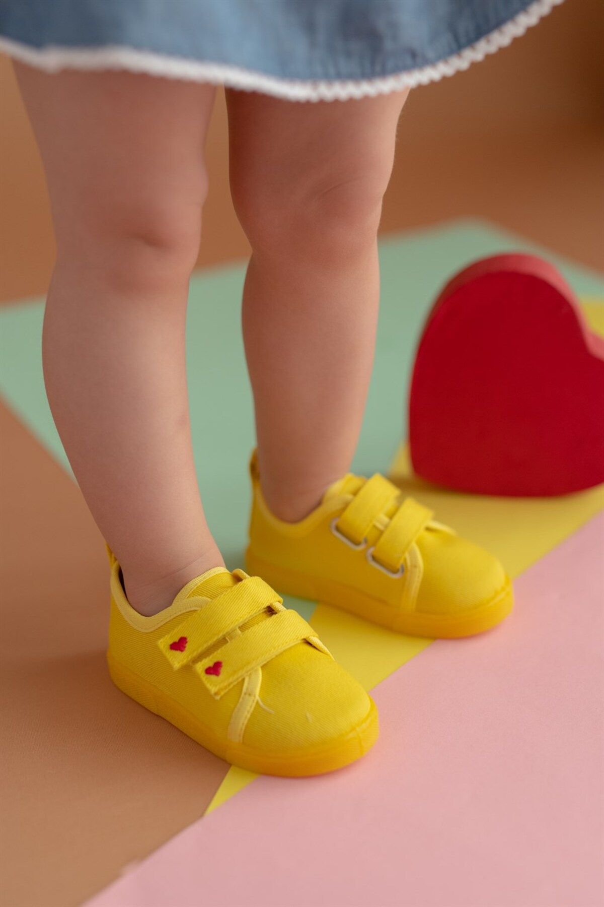 First Step Çift Cırtlı Kalpli Çocuk Keten Spor Ayakkabı-sarı-f-499