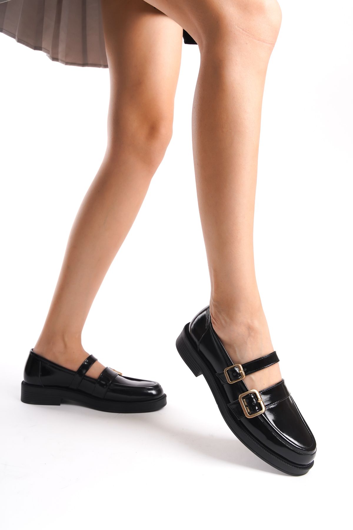 GRADA Kadın Siyah Rugan Gerçek Deri Çift Bantlı Mary Jane Loafer Ayakkabı Hakiki Deri Yumuşak Rugan Tokalı