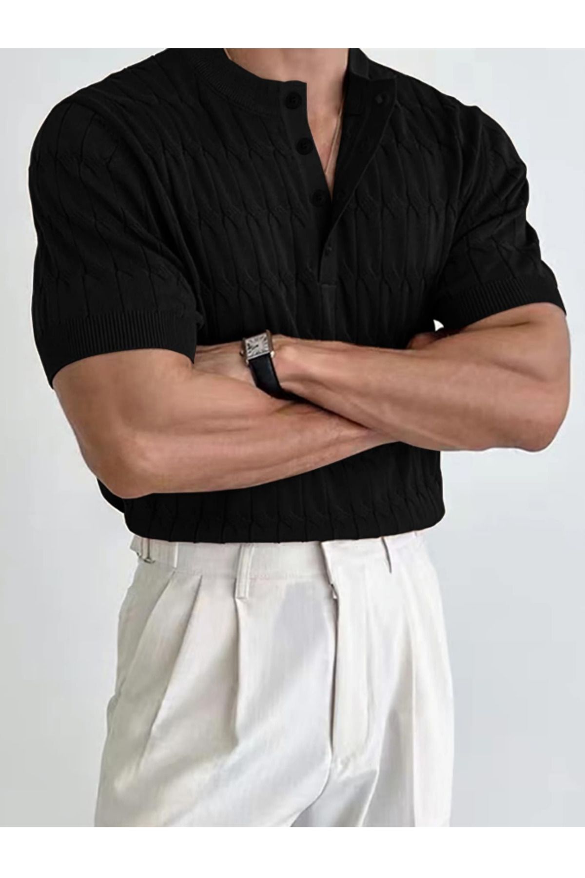 Tarz Cool Erkek Siyah 3 Düğmeli Hakim Yaka Triko T-Shirt