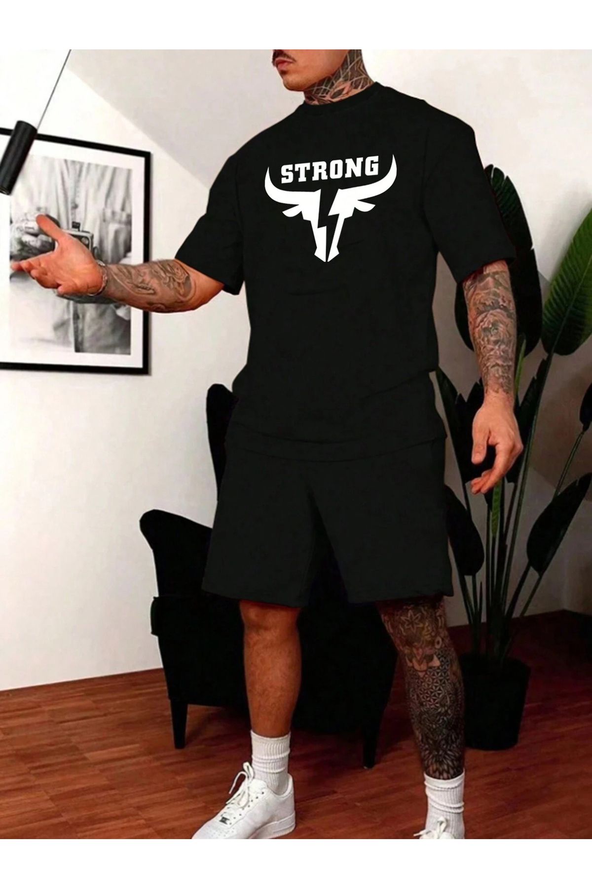 MODARİCH Strong Head T-Shirt Şort - Siyah  Şortlu Tişört Alt Üst Takım Baskılı Bisiklet Yaka