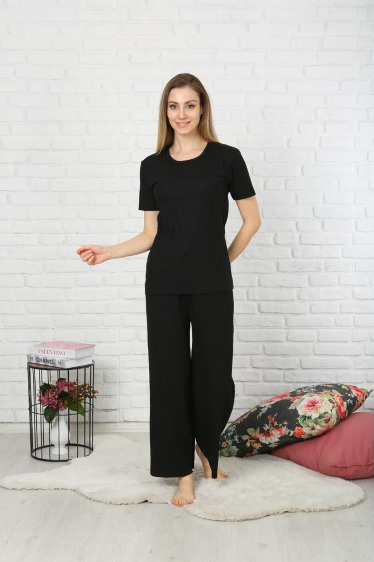 Meba Kadın Mevsimlik Kısa Kollu Fitilli Siyah Pijama Takımı