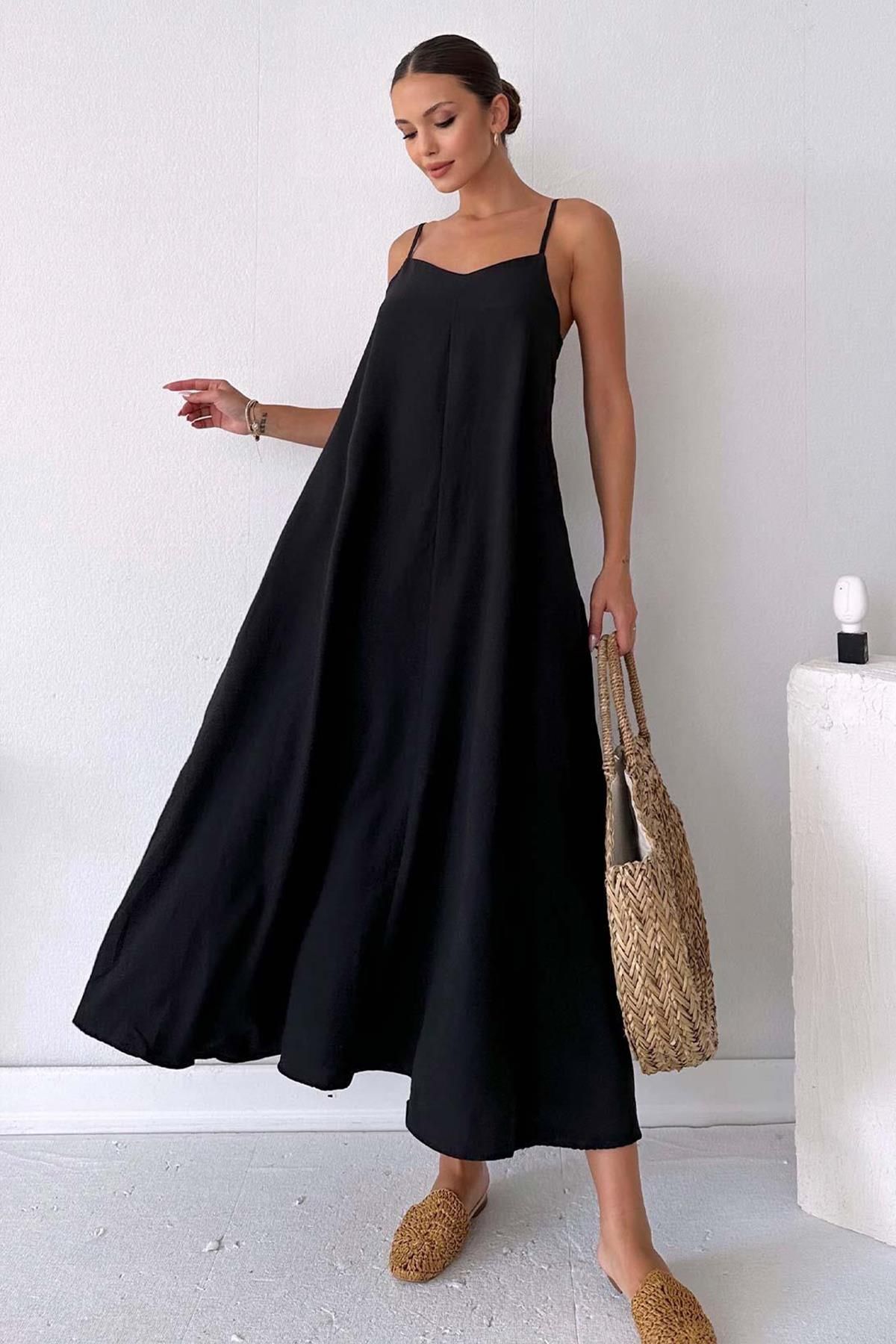 Tena Kadın Siyah İp Askılı Salaş Keten Uzun Elbise