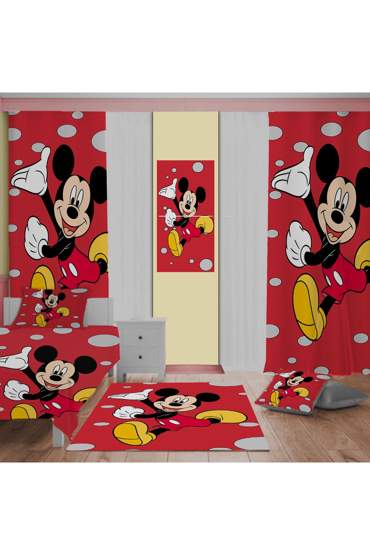 Evan Home Mickey Mouse  Desenli Çocuk Odası Takım Perde (iki Kanat),Yatak Örtüsü,Yastık,Kırlent ,Halı,Tablo