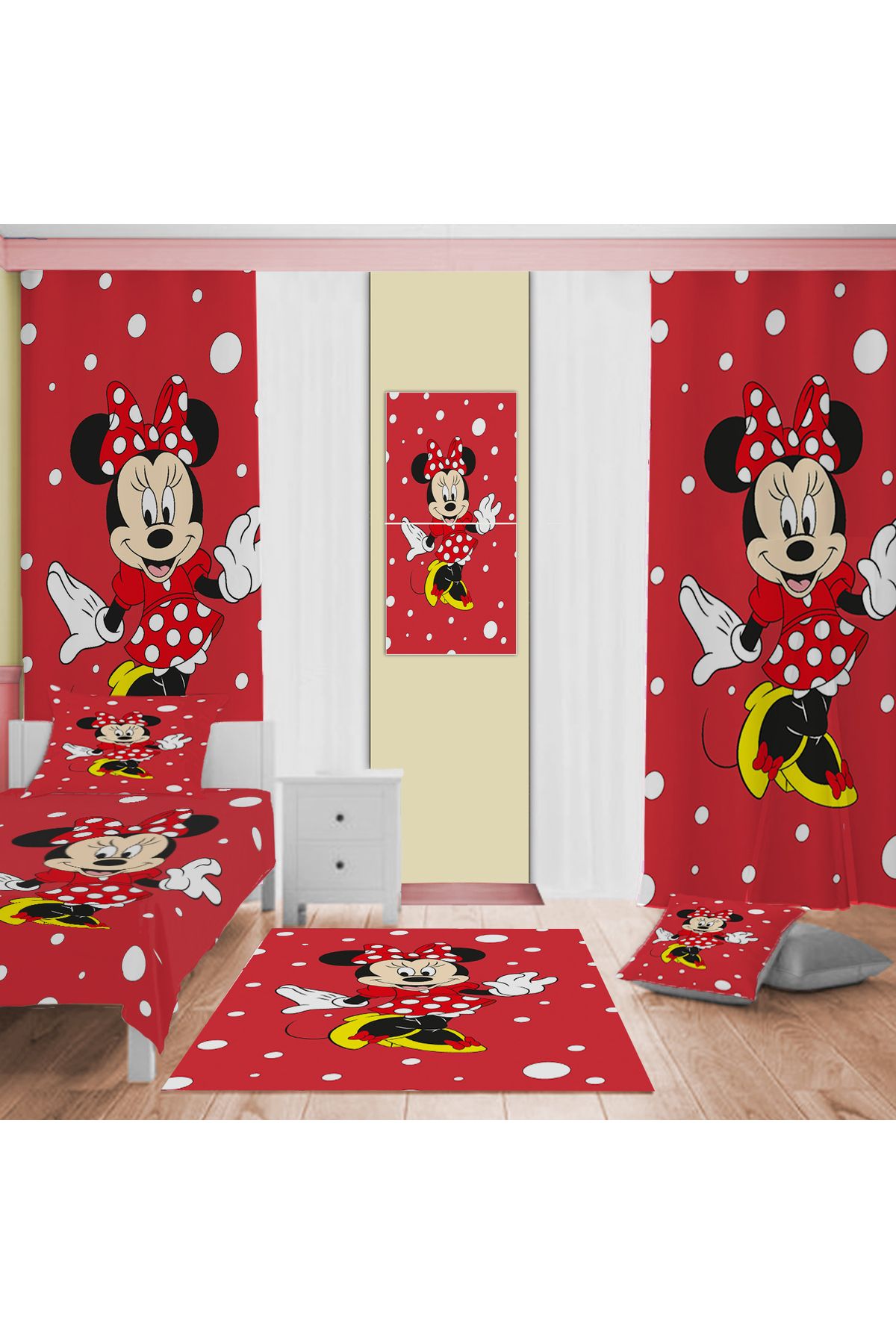 Evan Home Mickey Mouse Desenli Çocuk Odası Takım Perde (iki Kanat),Yatak Örtüsü,Yastık,Kırlent ,Halı,Tablo