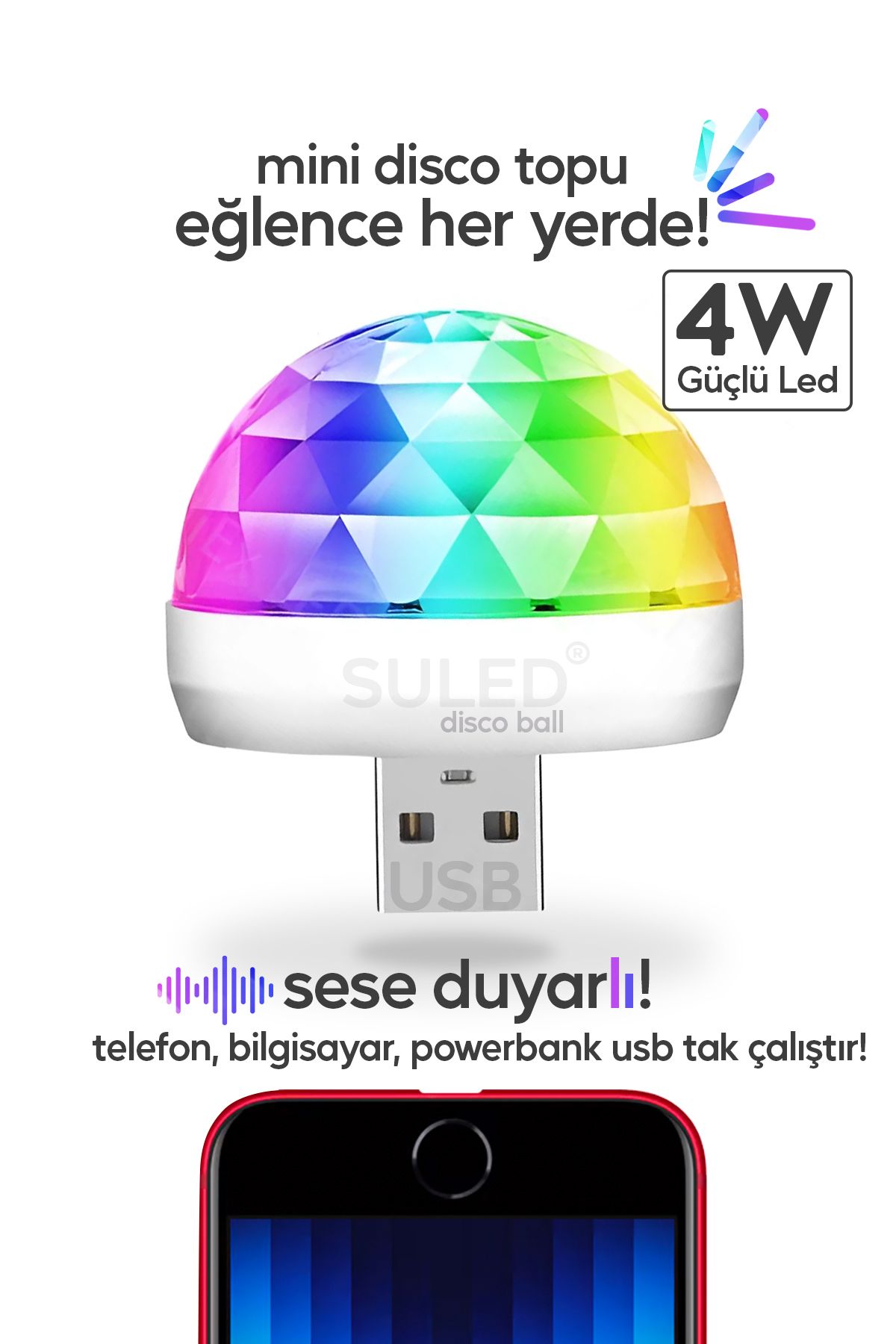 SULED Sl-1018 Mini Sihirli Disko Topu Sese Duyarlı 4w Usb Işıklı Küre Usb Enerjili Telefon Ile Çalışır