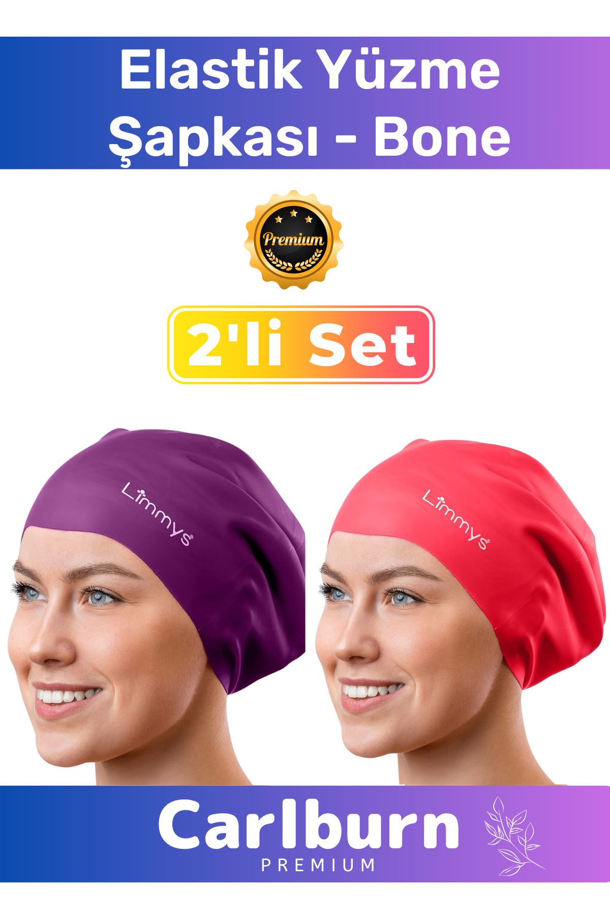 Carlburn Premium Su Geçirmez Sızdırmaz Renkli Silikon Yüzücü Havuz Deniz Bone Elastik Yüzme Şapkası 2'li Set