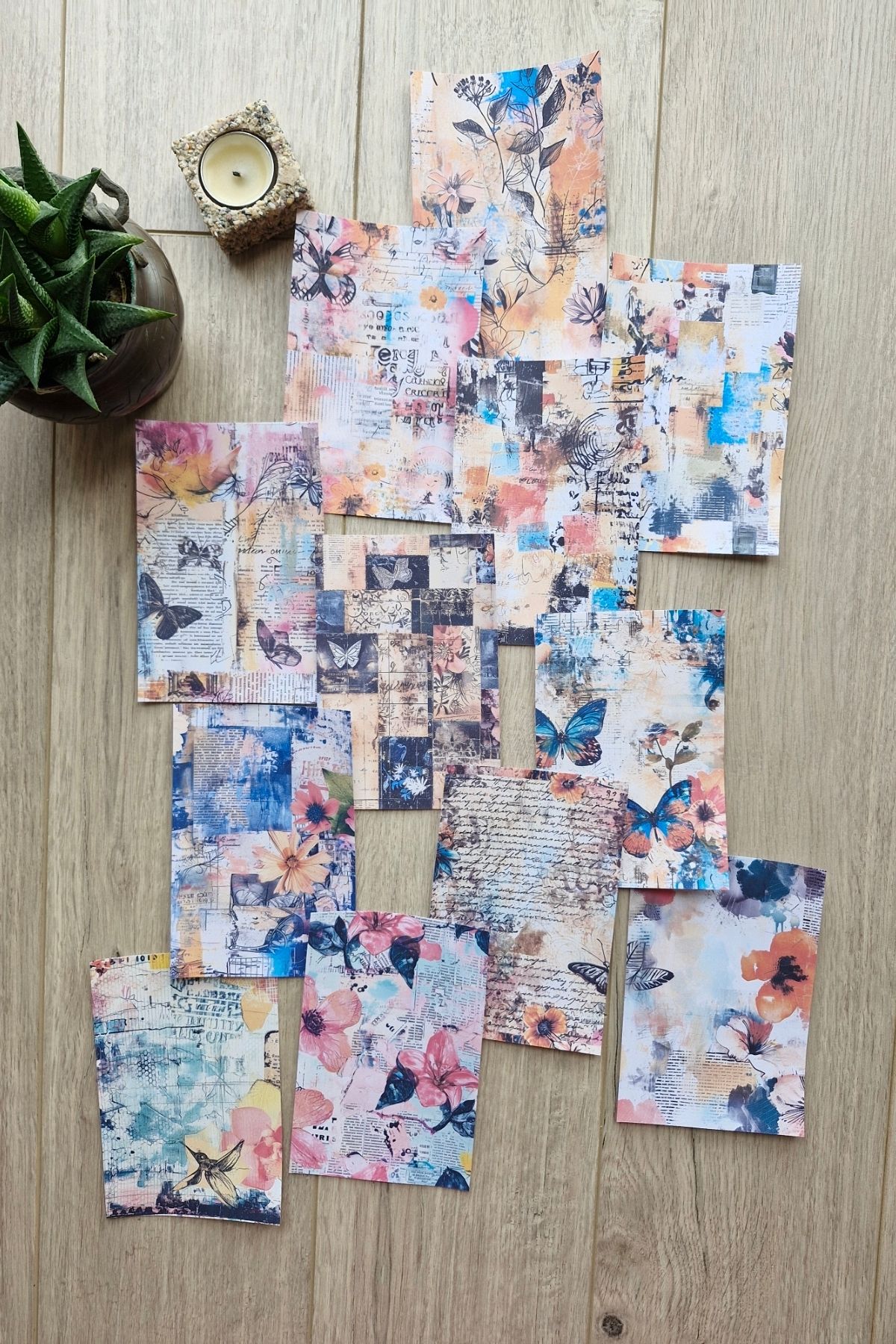 Mona Craftist 12 Adet Scrapbook Eskitme Kelebek Çiçek Temalı Scrapbook Kağıt Seti Bullet Journal Dekupaj Kağıdı