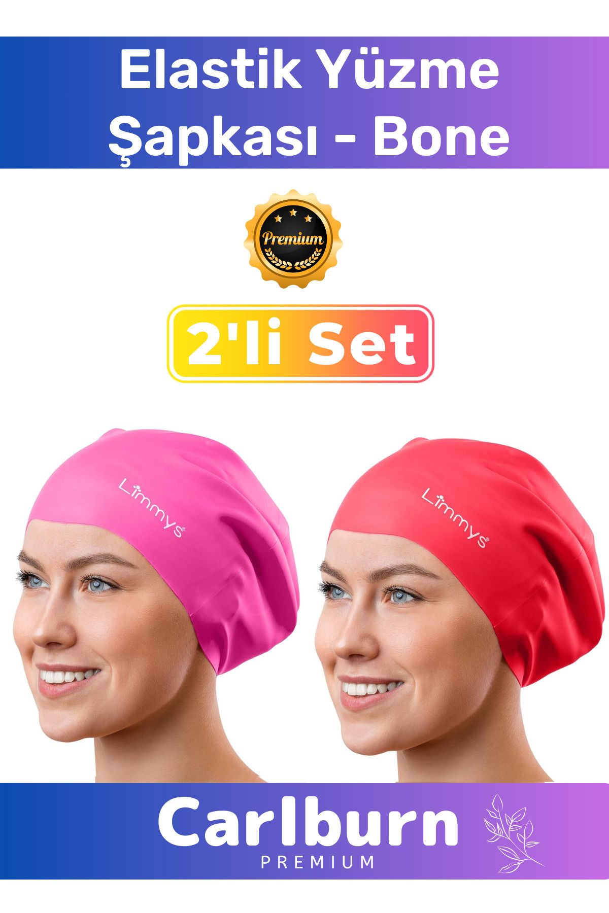 Carlburn Premium Su Geçirmez Sızdırmaz Renkli Silikon Yüzücü Havuz Deniz Bone Elastik Yüzme Şapkası 2'li Set