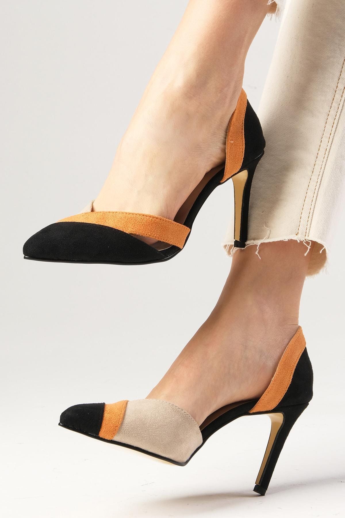 Mio Gusto Anita Siyah Renk Süet Renk Bloklu Kadın Stiletto Topuklu Ayakkabı