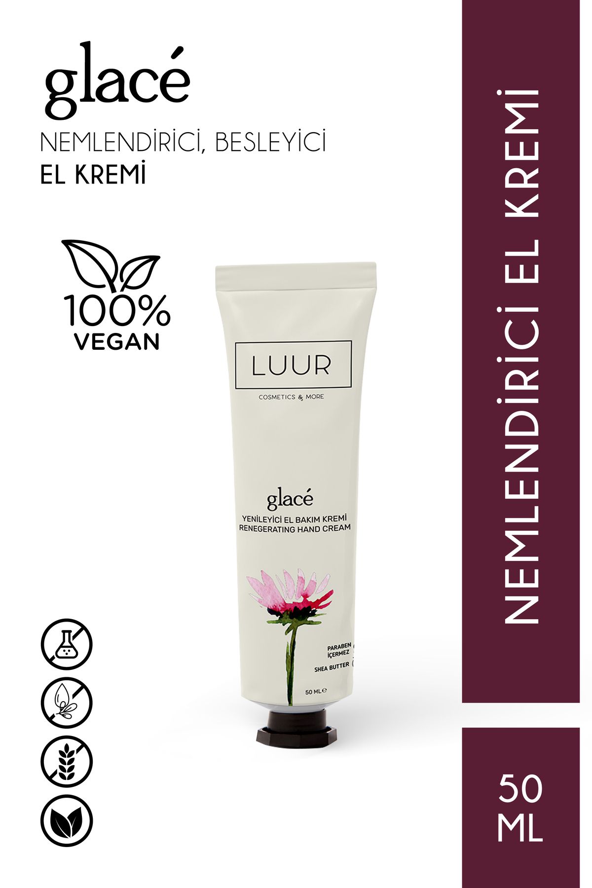 LUUR COSMETICS & MORE Glacé El Bakım Kremi Yoğun Nemlendirici Besleyici Kuru Cilt Hyaluronik Asit E Vitamini 50 ml