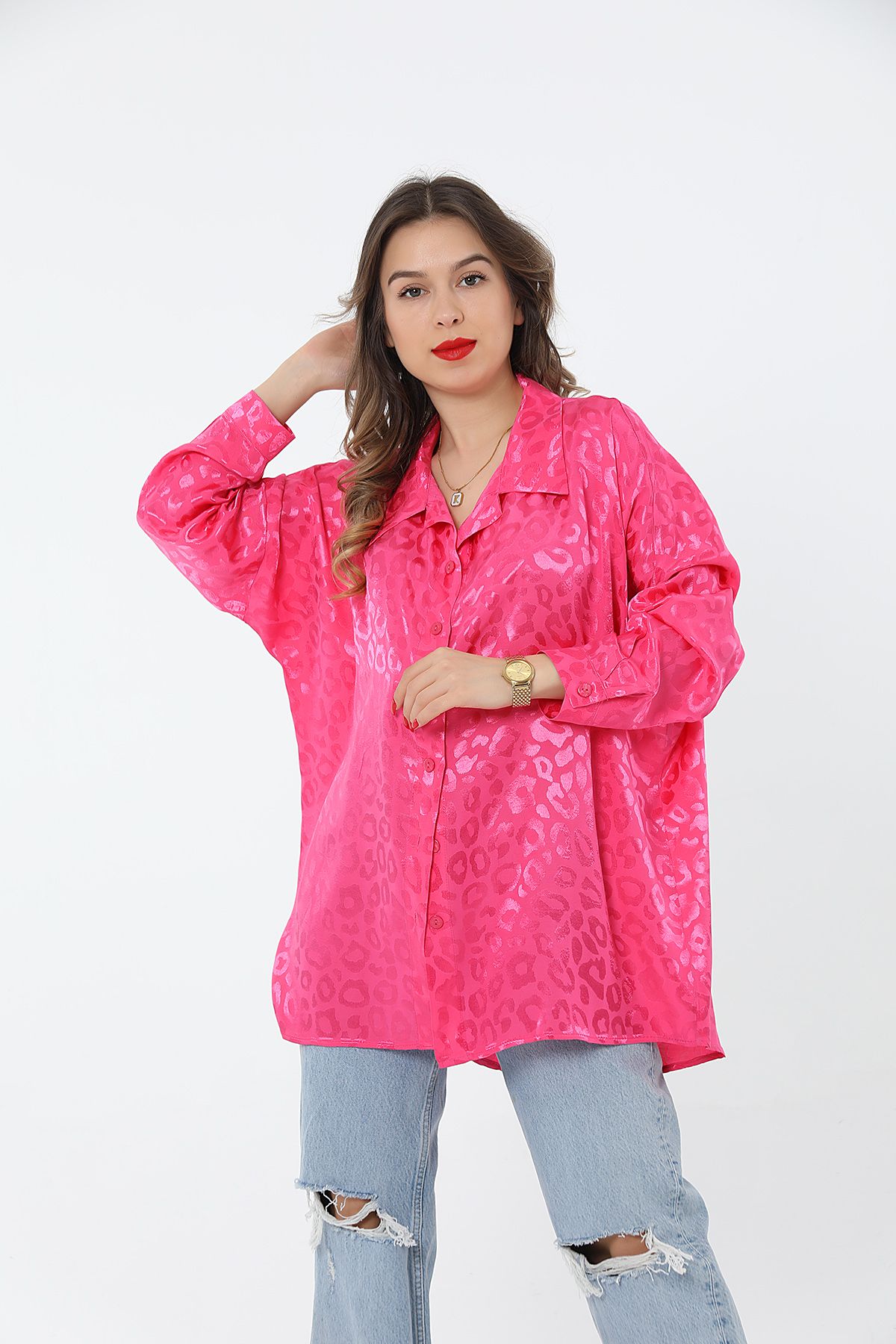 Pattaya Kadın Saten Oversize Gömlek P24S191-3931