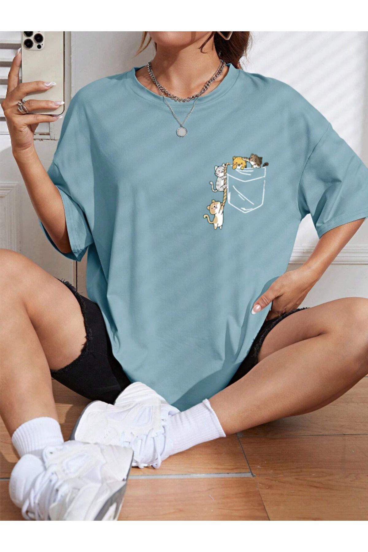 Revasser Unisex Kadın/Erkek CAT Renkli Özel Baskılı Oversize Pamuk Bisiklet Yaka Penye T-Shirt