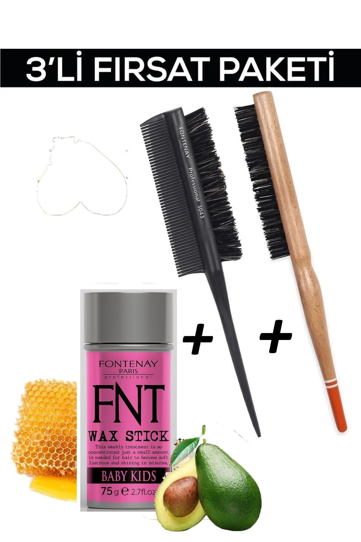 Fontenay Hair Wax Stick For Kids+Profesyonel Topuz Fırçası 3033 +Topuz Krepe Şiş Tarak 3043 3'Lü Set