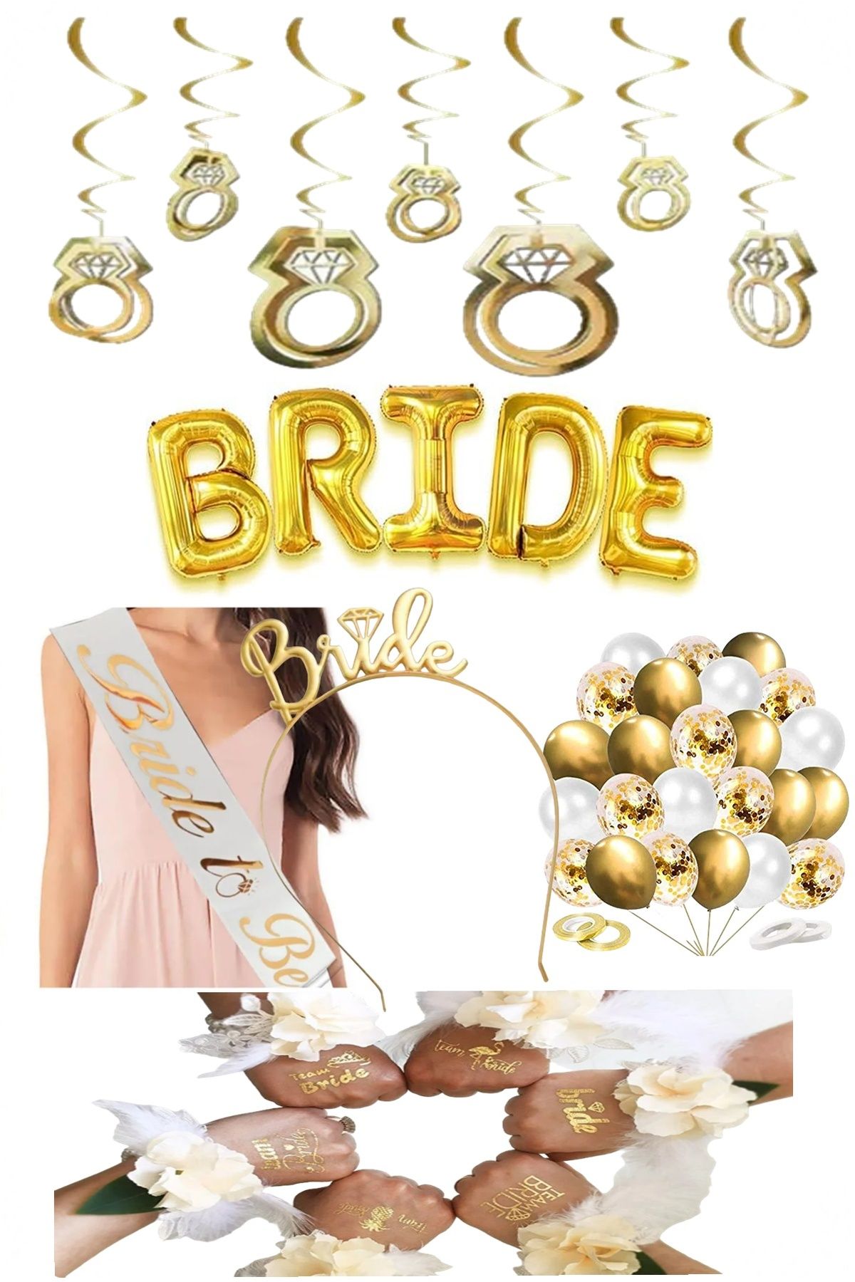 BİDOLUMUTLULUK Gold Bride Taç Kuşak Dövme Seti Bride Bekarlığa Veda Parti Eğlence