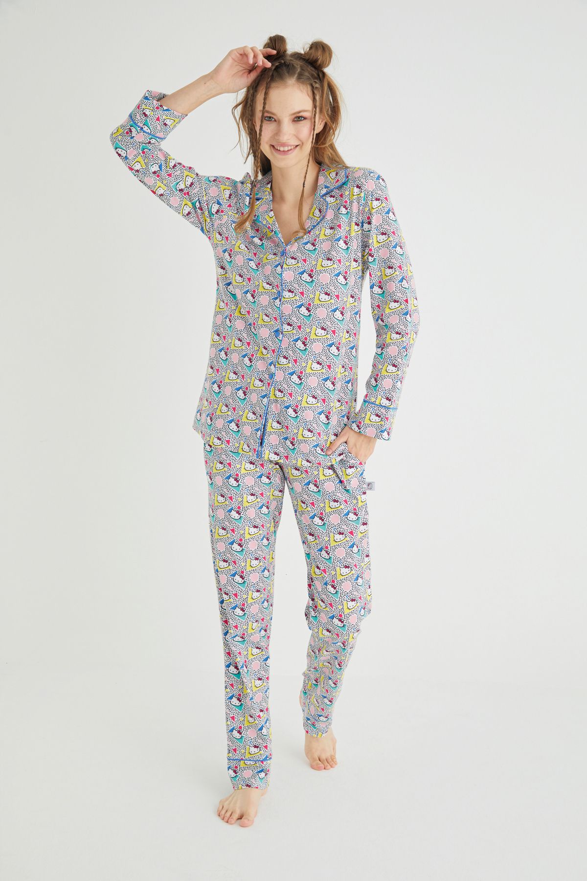 Hello Kitty Lisanslı Düğmeli Uzun Kol 100% Pamuklu Pijama Takım Roz-56