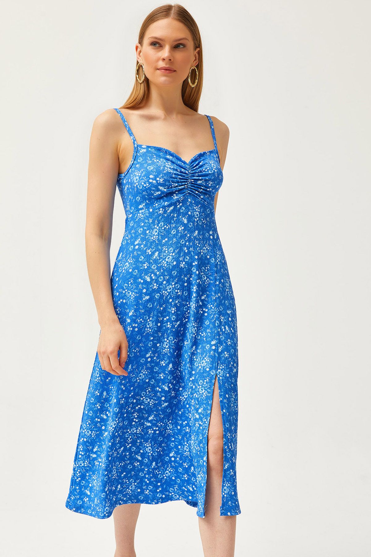 Olalook Kadın Saks Mavi Askılı Önü Büzgülü Örme Elbise ELB-19002104