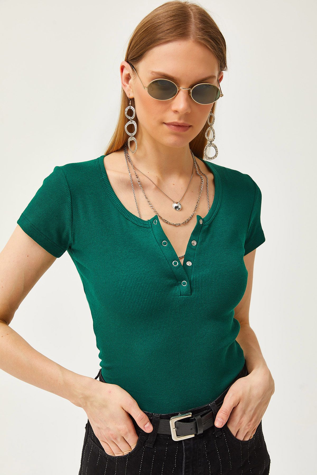 Olalook Kadın Koyu Yeşil Çıtçıtlı Kaşkorse Bluz BLZ-19000171