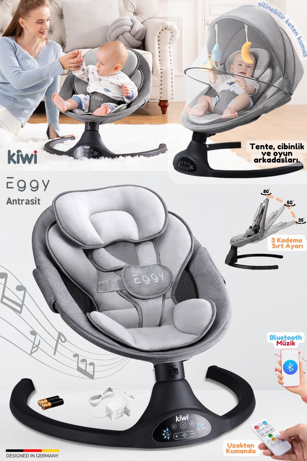 Kiwi Eggy Premium Elektrikli Otomatik Sallanan Ana Kucağı Bluetooth Kumanda Dokunmatik Ekran Konforlu Ped