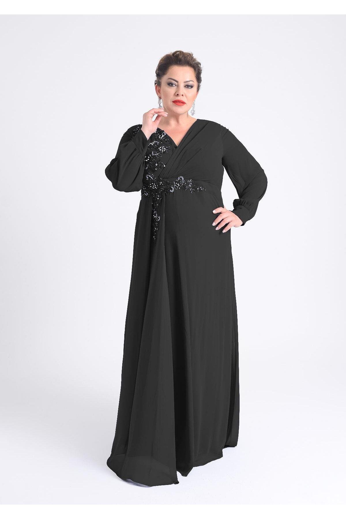 LİLAS XXL Büyük Beden Siyah Renkli Uzun Şifon Abiye Elbise