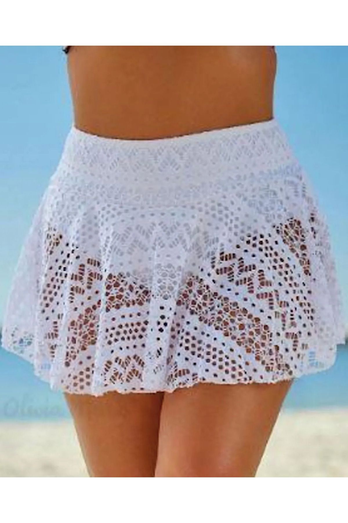 my cherie Dantel Beli Oturan Beyaz Mini Etek Kloş Plaj Elbisesi  Plaj Kıyafeti Tek Parça