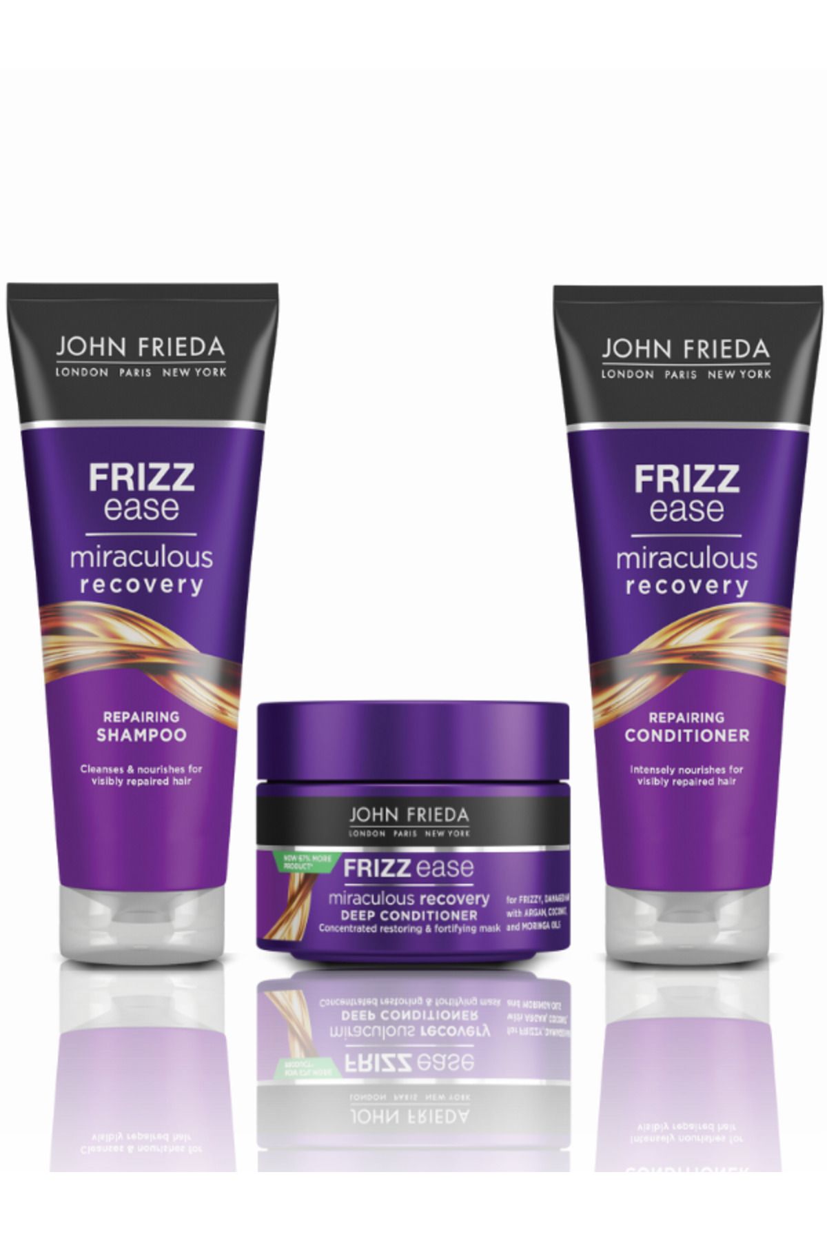 John Frieda Yıpranmış Saçlara Özel Onarıcı Saç Bakım Seti (Şampuan, Saç Kremi, Saç Maskesi)
