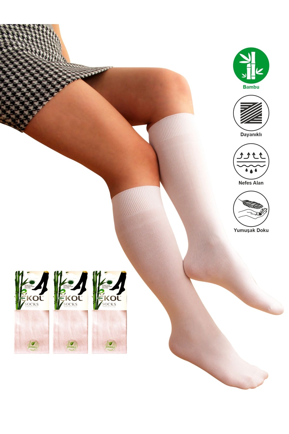EKOL SOCK'S 3 Çift Teni Göstermeyen Yumuşak Dikişsiz Dizaltı Uzun Bambu Kadın Premium Beyaz Çorap 36 - 42 Beden