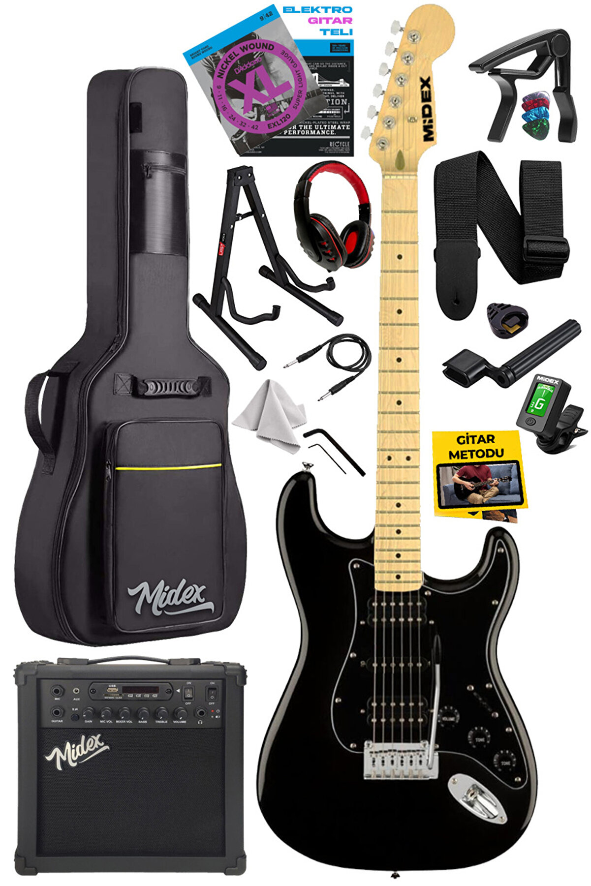 Midex Rph-40xbk-25amp Black Elektro Gitar Seti 25 Watt Gain'li Bluetooth Şarjlı Amfi Ve Full Set