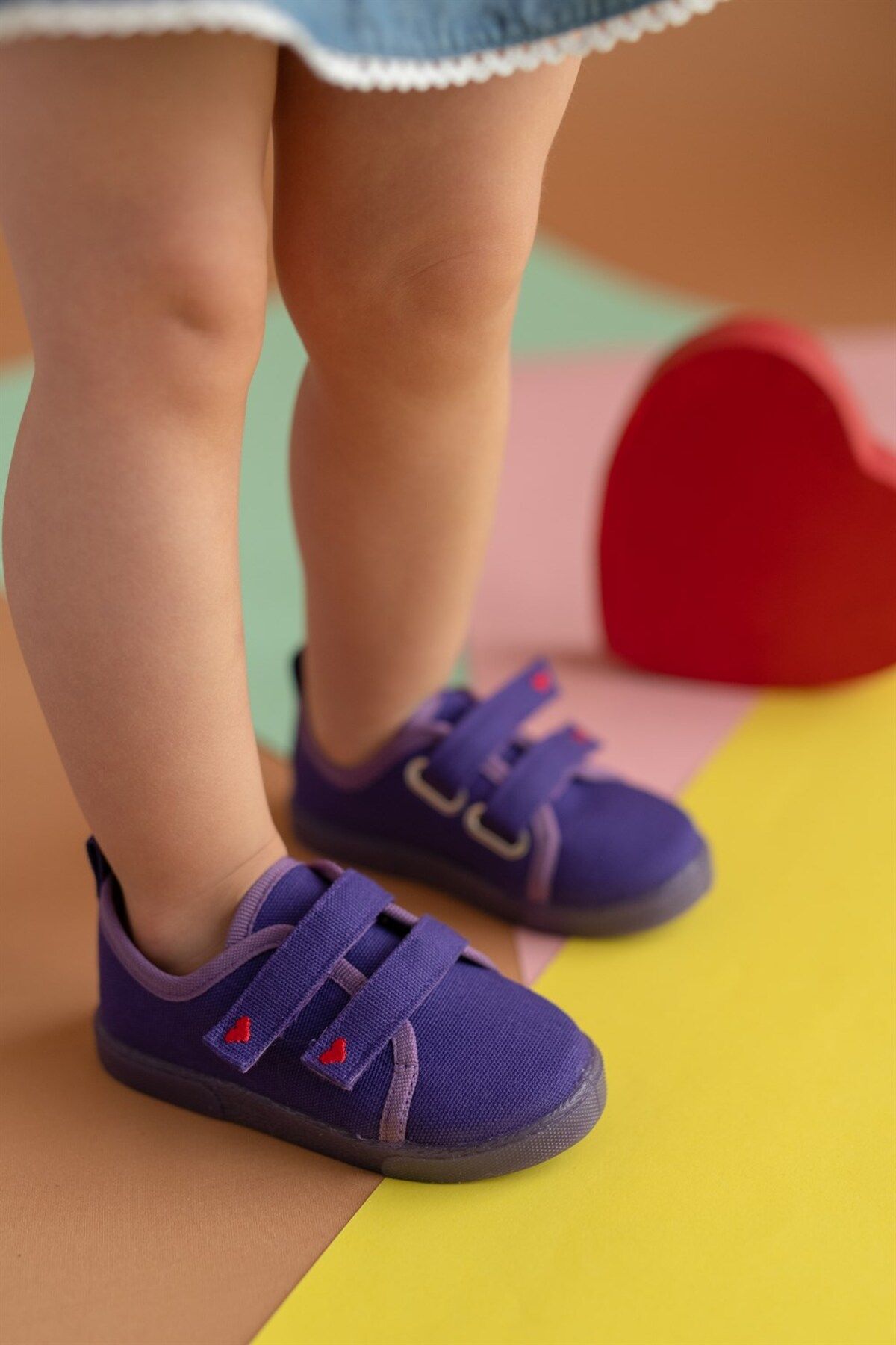 First Step Çift Cırtlı Kalpli Çocuk Keten Spor Ayakkabı-mor-f-499