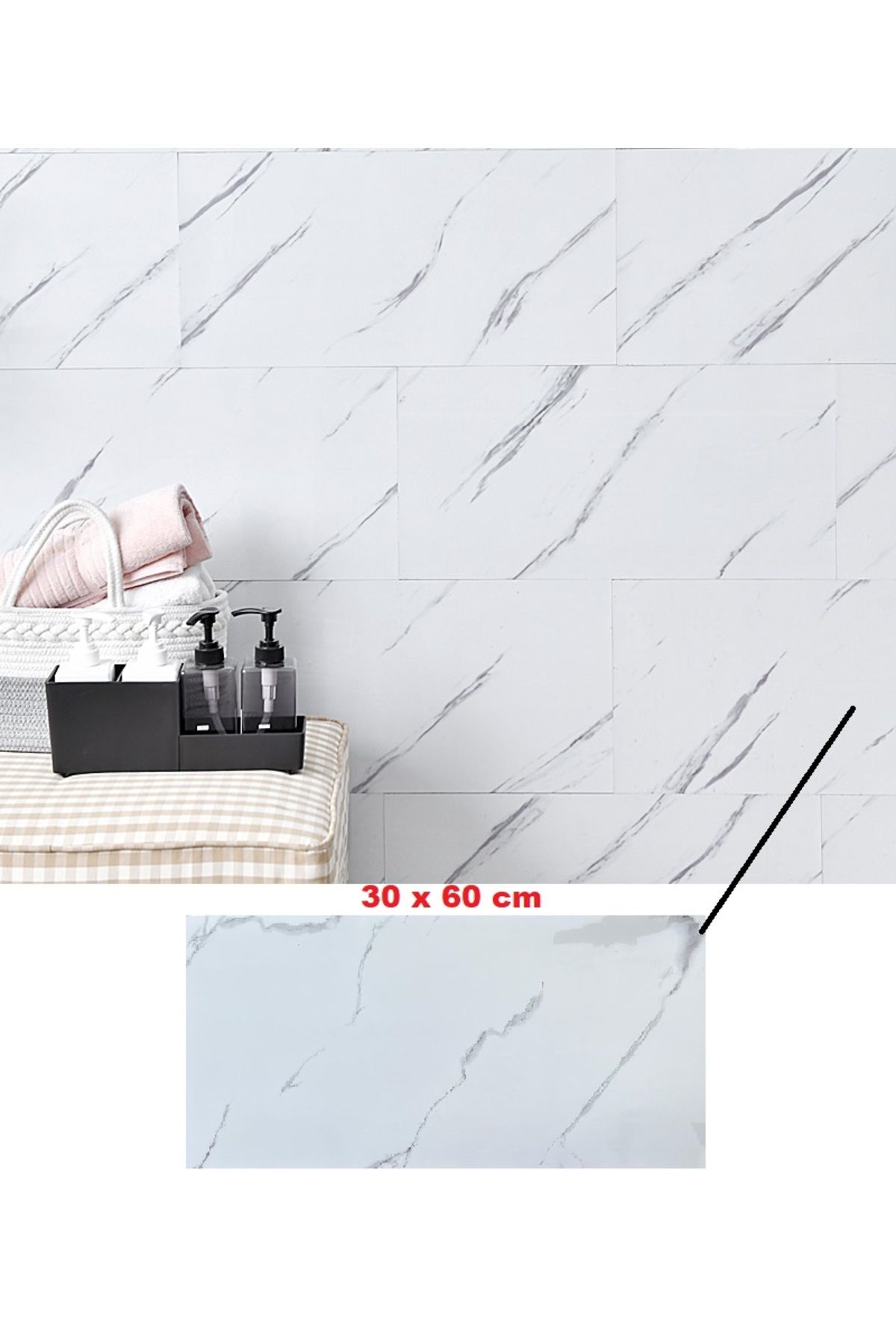 Renkli Duvarlar 60-30 Cm Beyaz Mermer Desen Yapışkanlı Yer Duvar Döşemesi Nwyp10