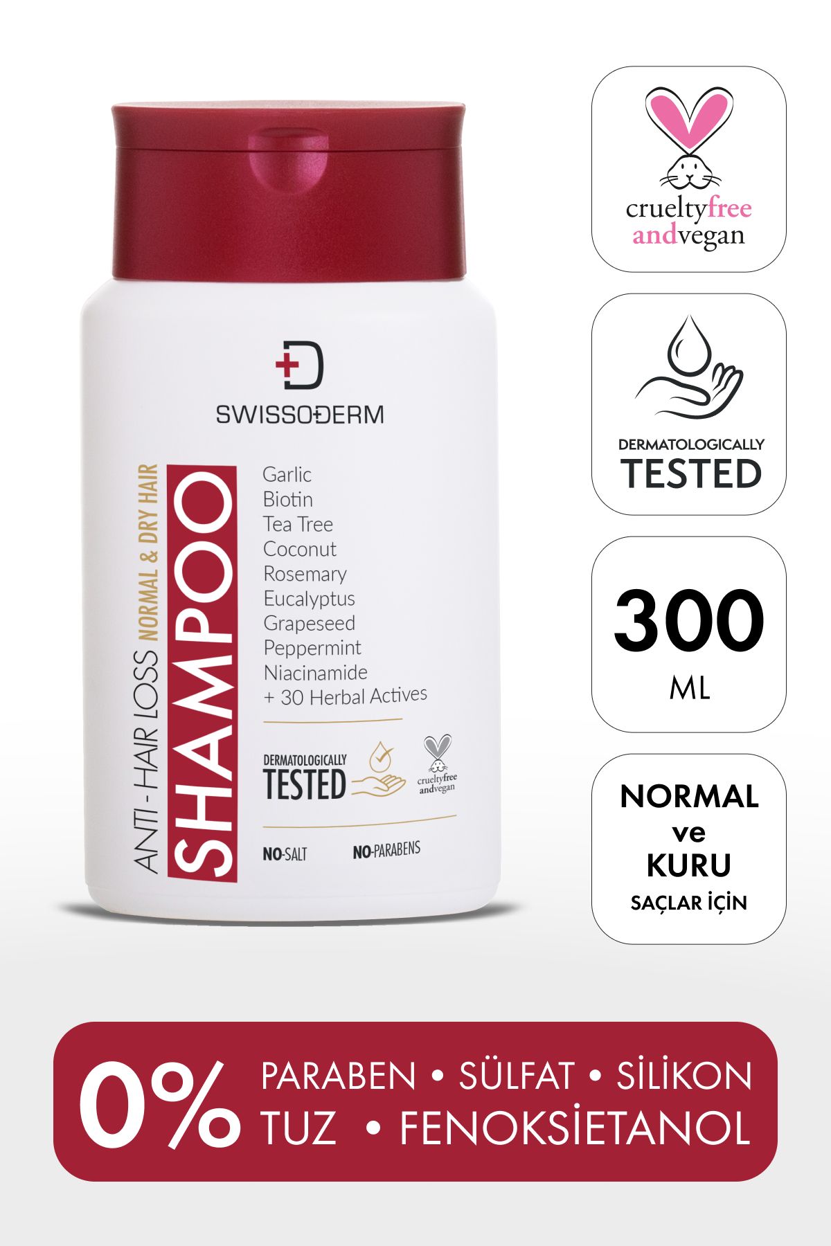 Swissoderm Dökülme Karşıtı Şampuan, Normal & Kuru Saç, Vegan, Sülfatsız & Tuzsuz Saç Dökülmesine Karşı 300ml